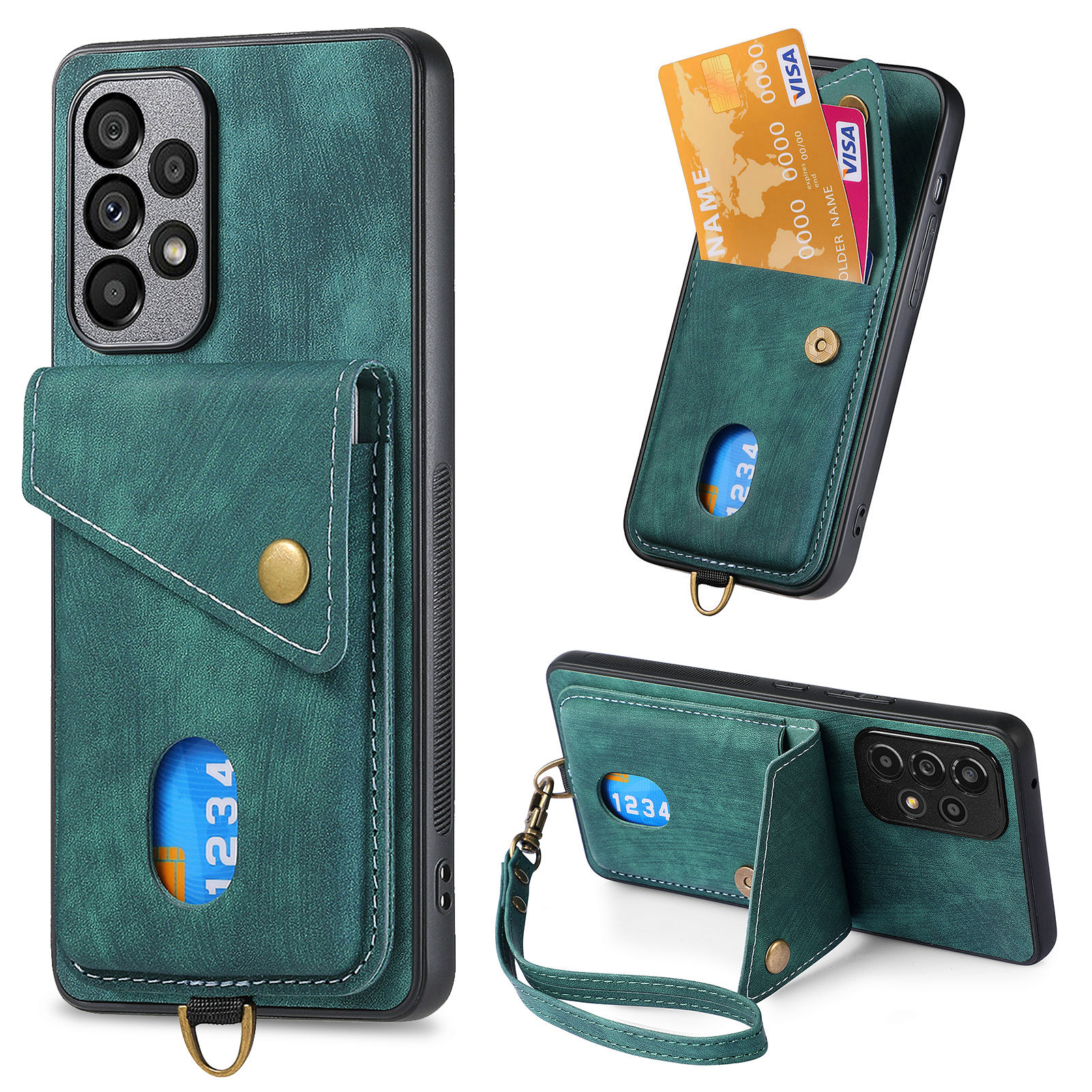 

Für Samsung Galaxy A23 5G (globale Version) / A23 4G Kartenhalter Telefonabdeckung Lederbeschichteter PC+TPU -kickstand Hülle - Grün, Galaxy A23 5G (Global Version)