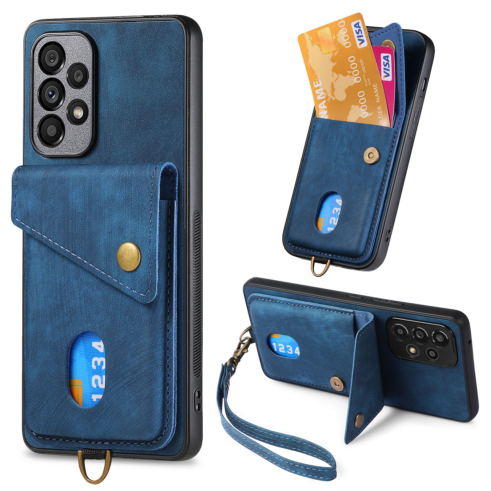 

Für Samsung Galaxy A13 4G Phone Case Card Halter PU Lederbeschichtete PC+TPU -kickständer Cover - Blau, Galaxy A13 4G