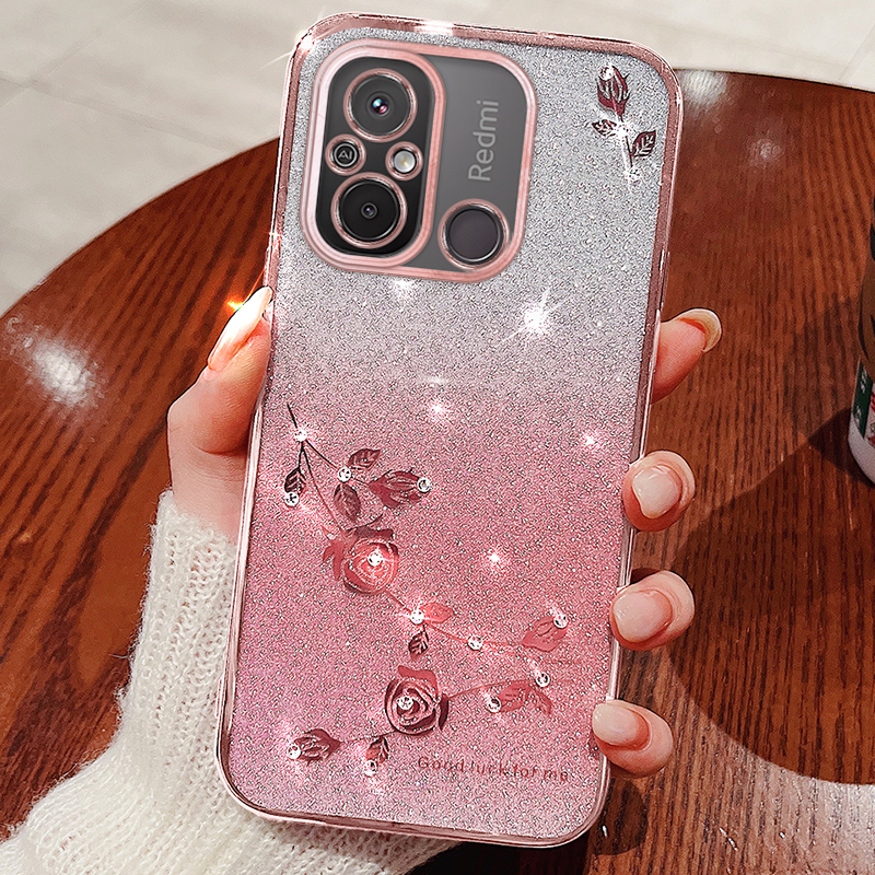 

Für Xiaomi Redmi 12c 4g / 11a 4g / Poco C55 4G Telefonabdeckung Blume Strassgradienten Glitzer TPU -hülle - Roségold, Xiaomi Redmi 12C 4G