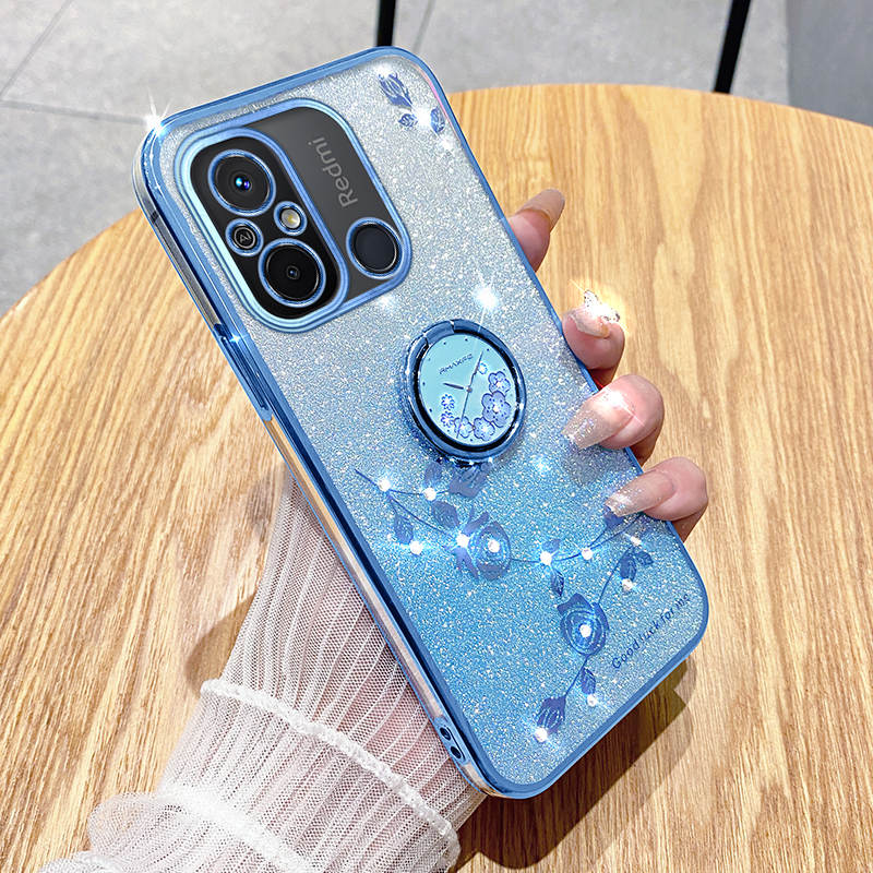 

Elektroplierendes Telefongehäuse Für Xiaomi Redmi 12c 4G / 11a 4g / Poco C55 4G Glitzer -gradienten -strassblume TPU -kickständer Cover - Blau, Xiaomi Redmi 12C 4G