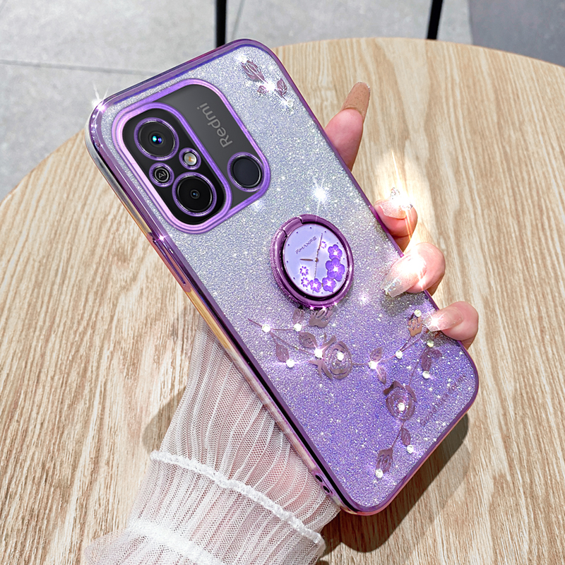 

Elektroplierendes Telefongehäuse Für Xiaomi Redmi 12c 4G / 11a 4g / Poco C55 4G Glitzer -gradienten -strassblume TPU -kickständer Cover - Lila, Xiaomi Redmi 12C 4G