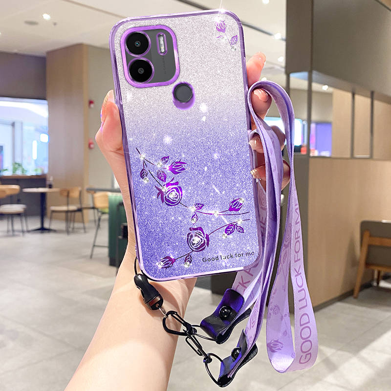 

Glitzer -strass -tpu -telefonfall Xiaomi Redmi A1+ 4G / A2+ 4g / Poco C50 4G Gradientenfarbe Phone Shell Deckung Mit Riemen - Lila, Xiaomi Redmi A1+ 4G
