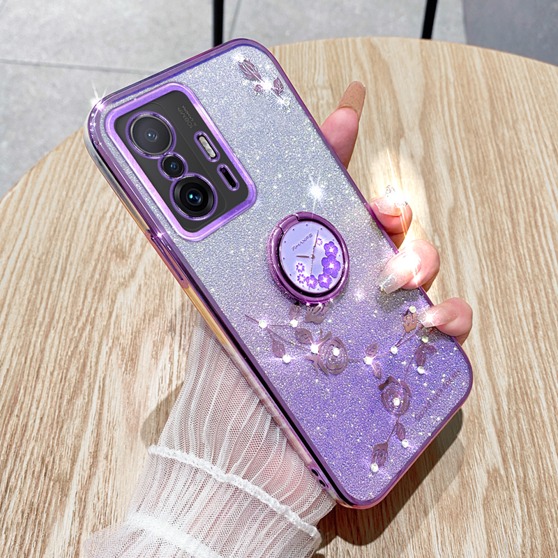 

Für Xiaomi 11t 5G / 11t Pro 5G TPU -telefonhülle Strassblumentelefonabdeckung Mit Kickstand - Lila, Xiaomi 11T Pro 5G