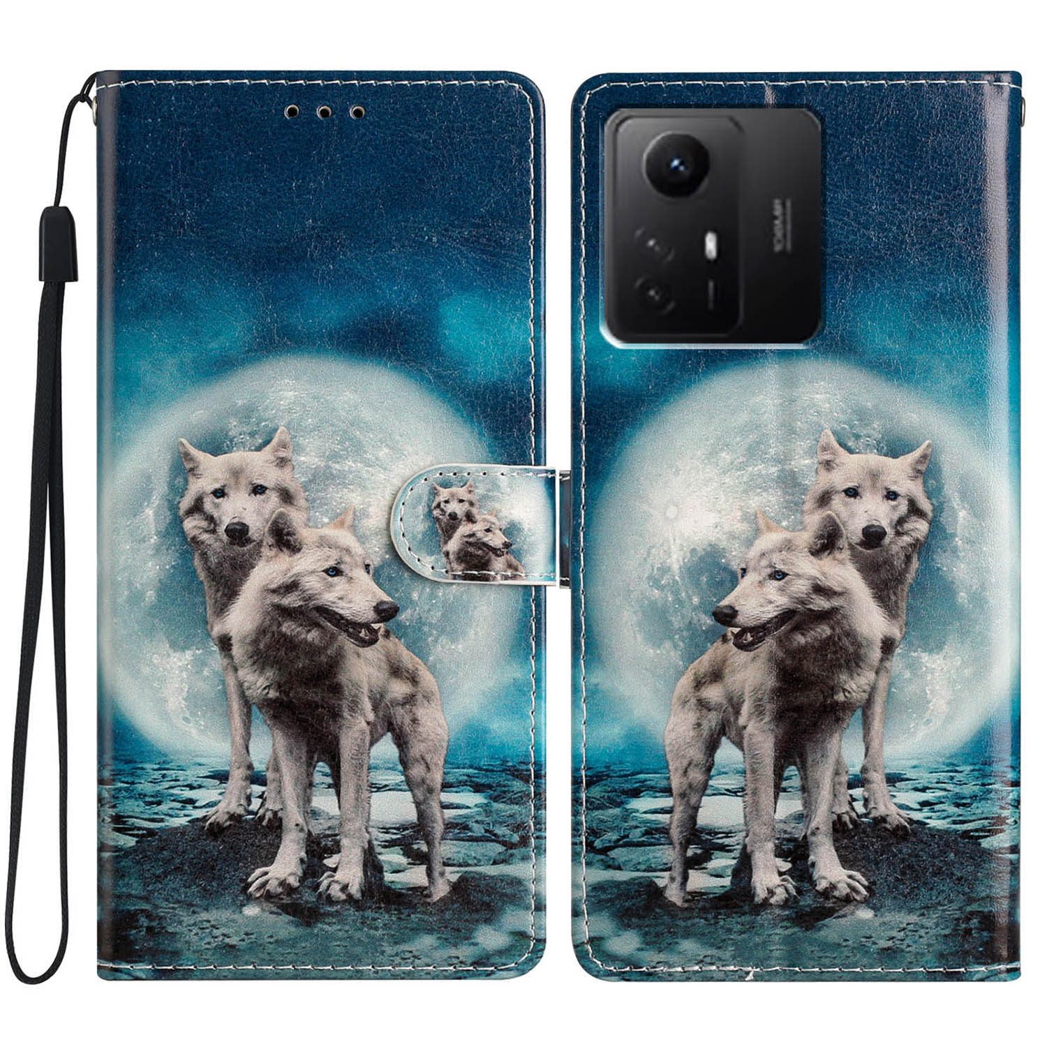 

Für Xiaomi Redmi Note 12s 4G PU Leder Brieftaschenabdeckungsmuster Druckspiegel Flip Ständer Telefonhülle - Zwei Wölfe, Xiaomi Redmi Note 12S 4G