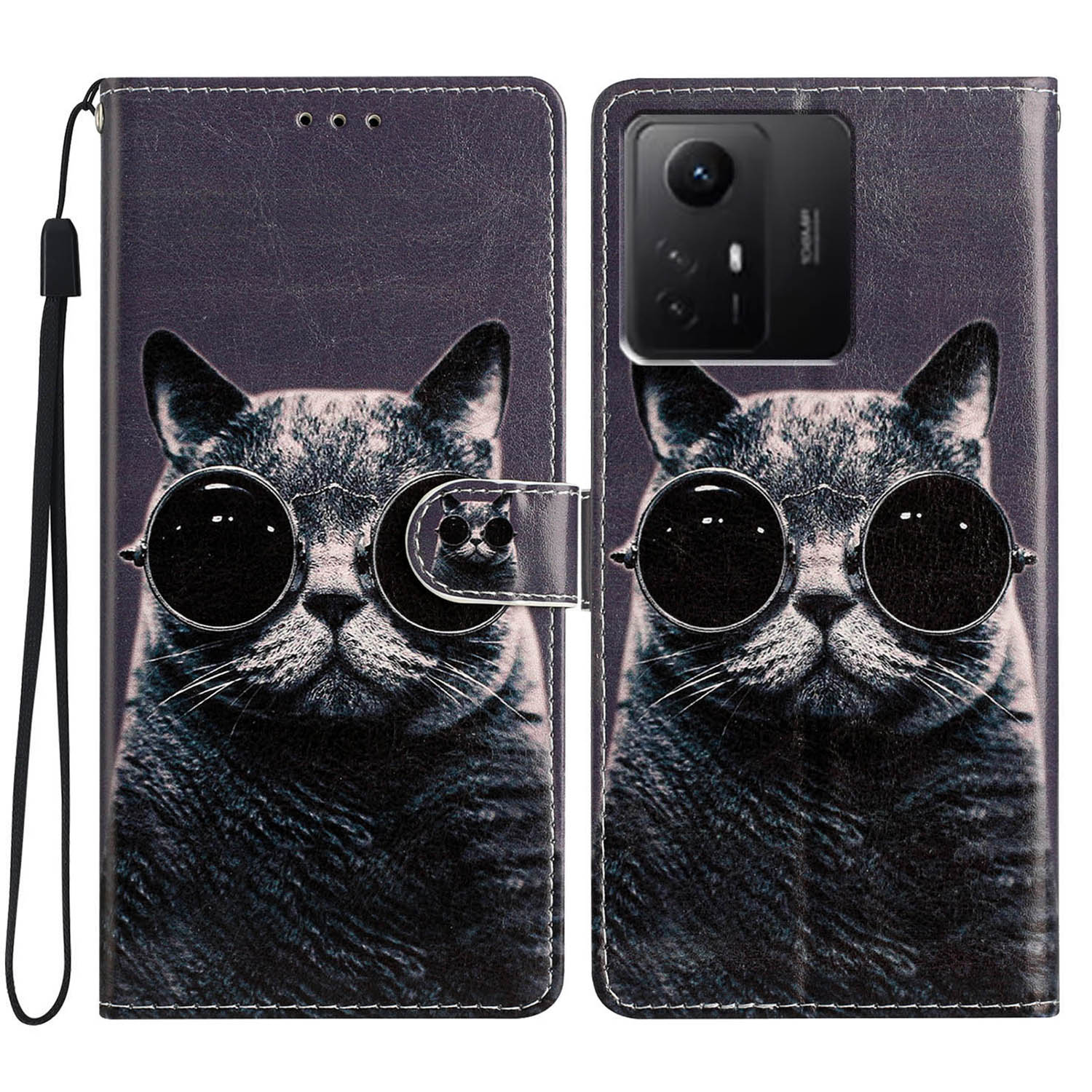 

Für Xiaomi Redmi Note 12s 4G PU Leder Brieftaschenabdeckungsmuster Druckspiegel Flip Ständer Telefonhülle - Brille Katze, Xiaomi Redmi Note 12S 4G