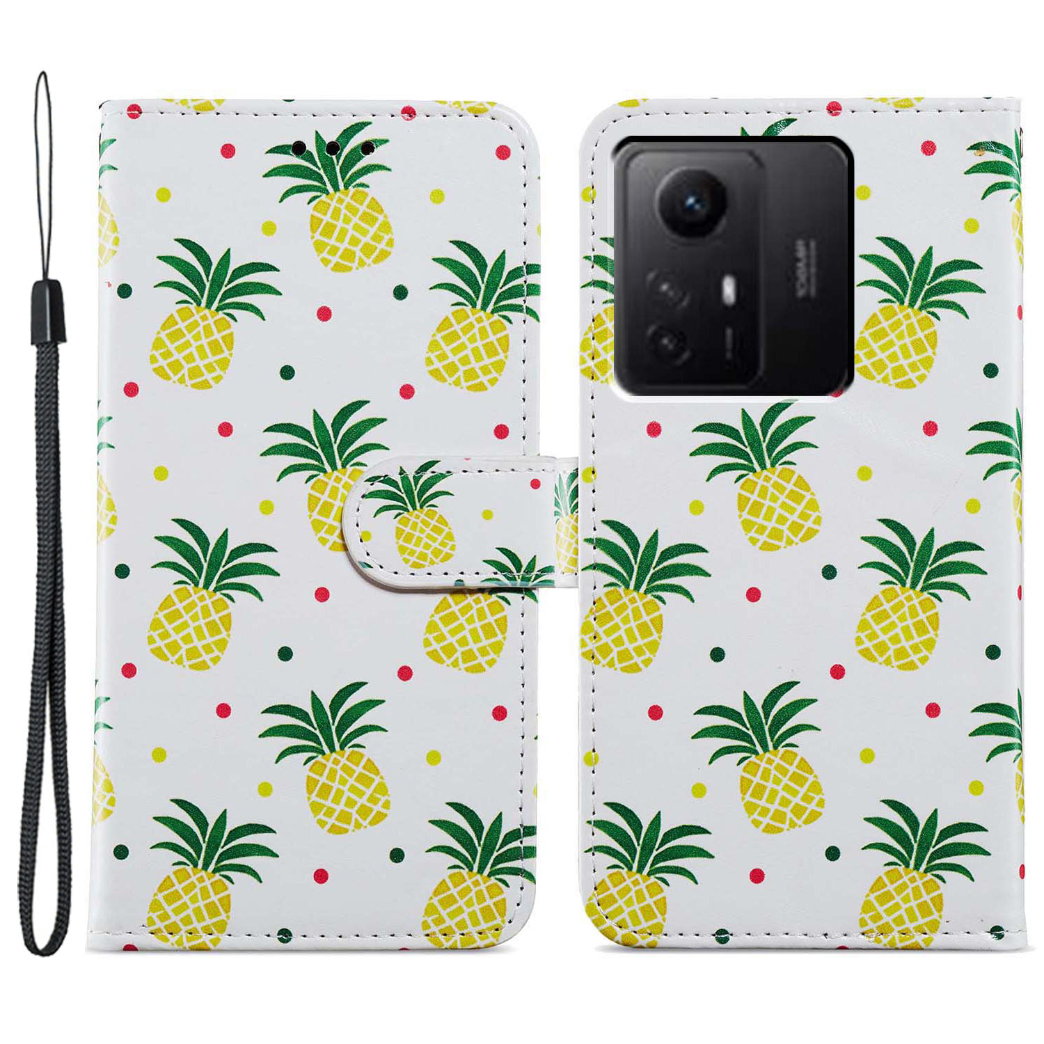

Für Xiaomi Redmi Note 12s 4G PU Leder Brieftaschenabdeckungsmuster Druckspiegel Flip Ständer Telefonhülle - Ananas, Xiaomi Redmi Note 12S 4G