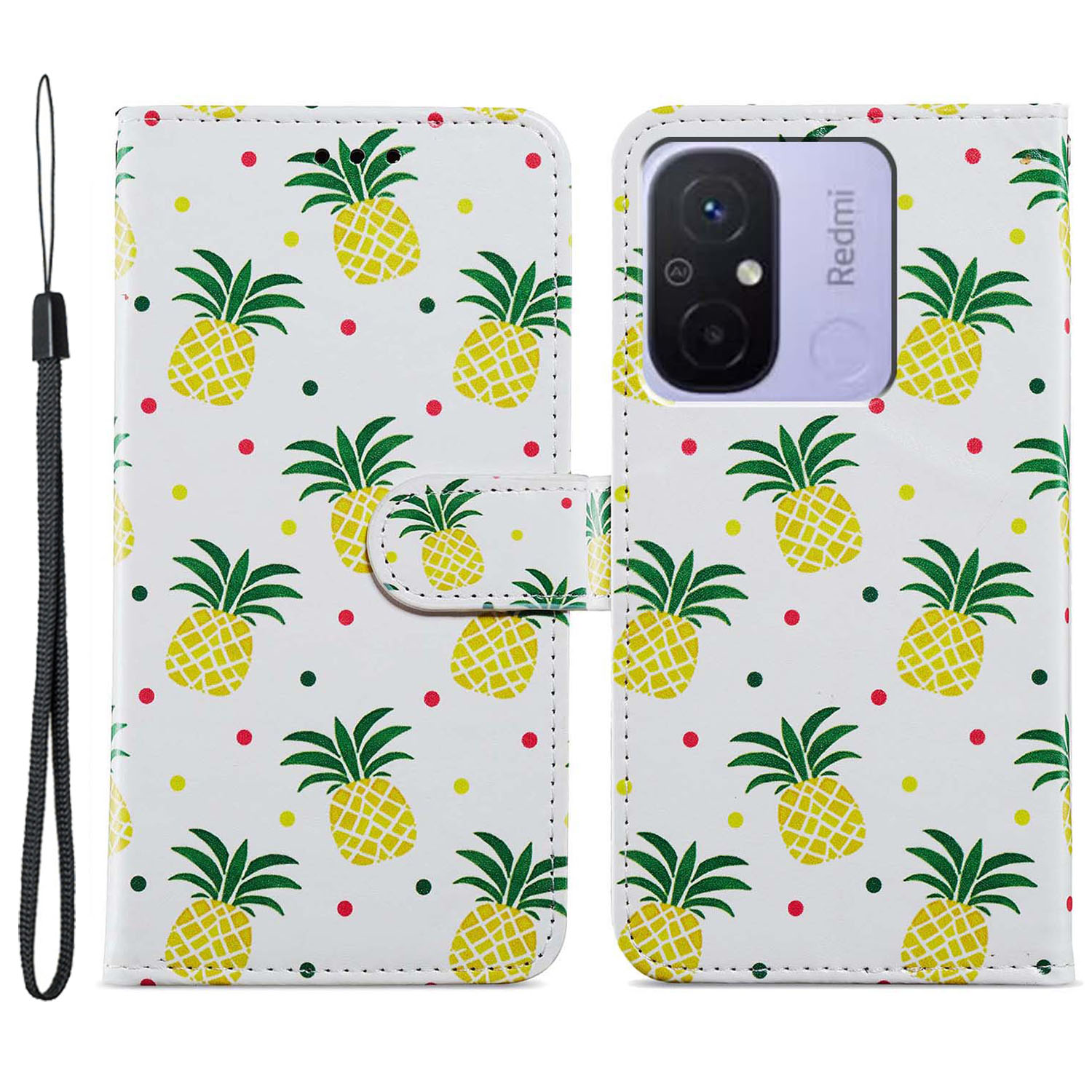 

Für Xiaomi Redmi 12C 4G Wallet Phone Hülle PU Leder -muster -druckständer Cover - Ananas, Xiaomi Redmi 12C 4G