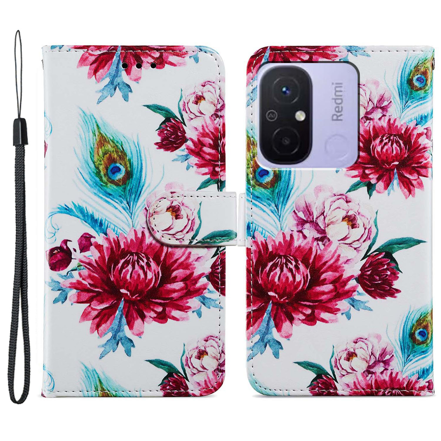 

Für Xiaomi Redmi 12C 4G Wallet Phone Hülle PU Leder -muster -druckständer Cover - Pfauenblume, Xiaomi Redmi 12C 4G