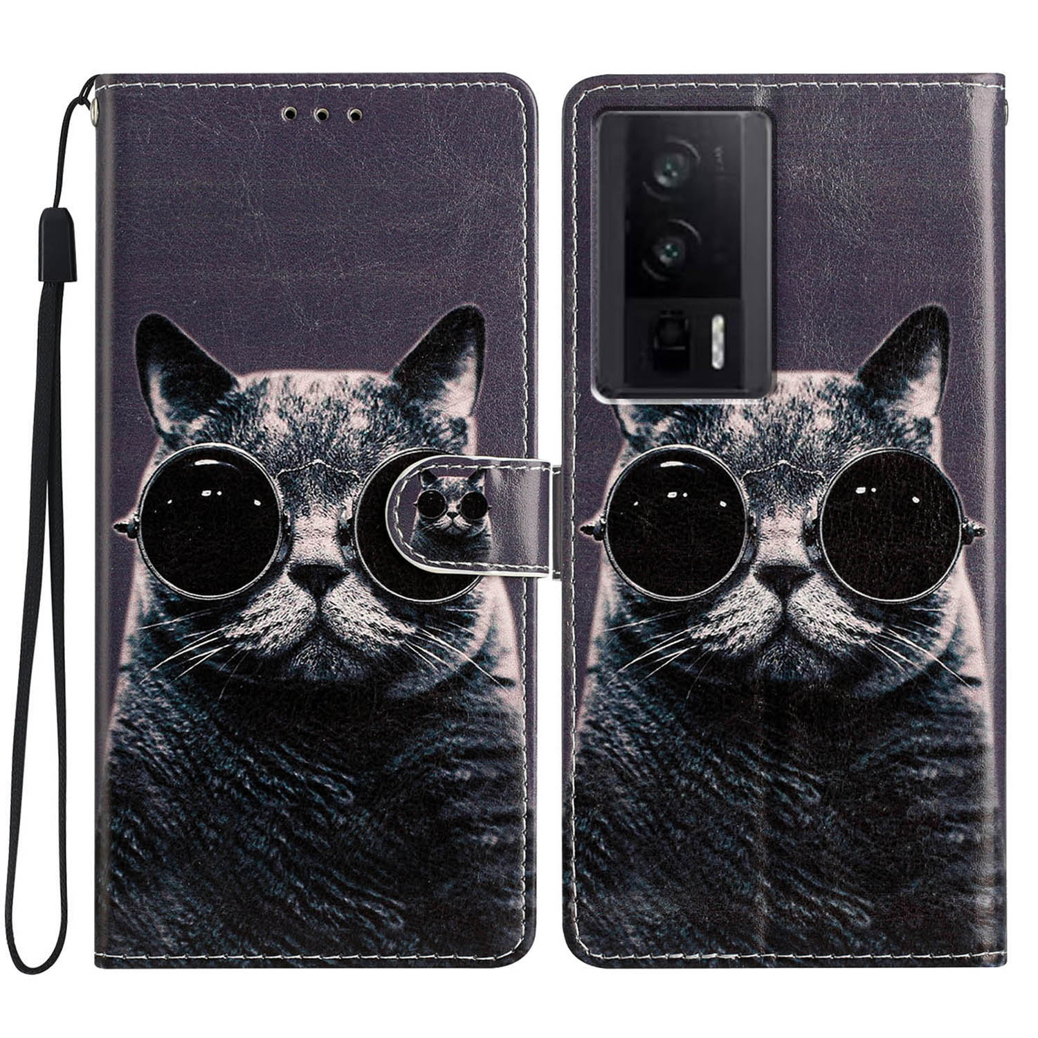 

Leder -telefonhülle Für Xiaomi Redmi K60 5G / K60 Pro 5g / Poco F5 Pro 5g, Musterdruckflip -ständer Brieftasche Abdeckung - Brille Katze, Xiaomi Redmi K60 5G