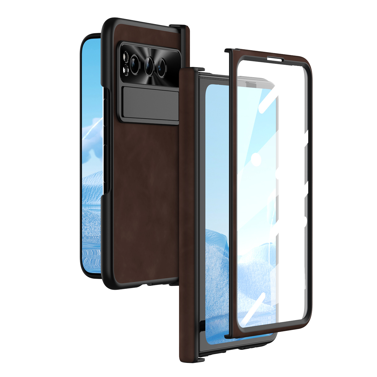 

Für Google Pixel Faltkickstand -telefonhülle PU -leder -pc Schockdes Abdeckung Mit Temperamentvollem Glasfilm - Kaffee, Google Pixel Fold