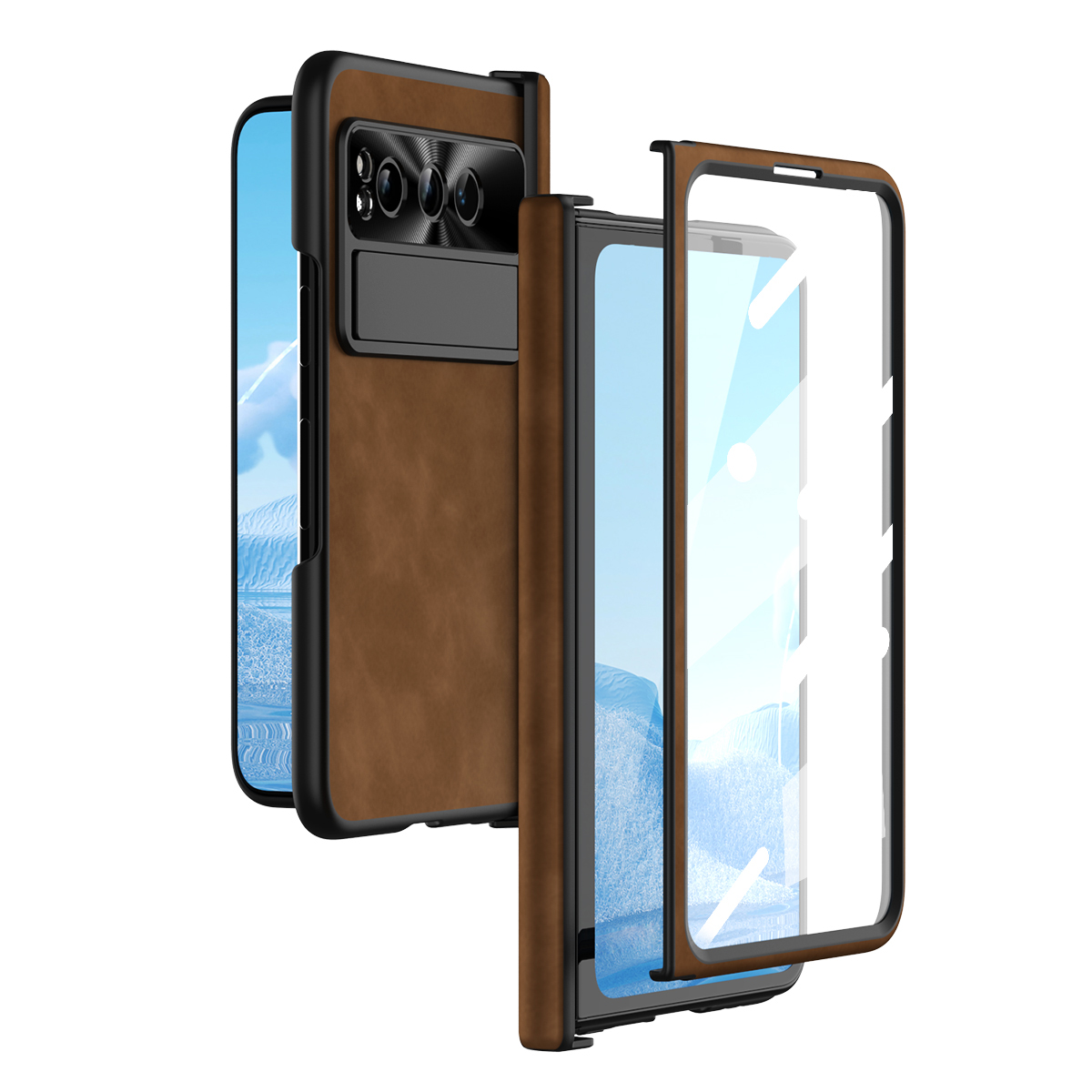 

Für Google Pixel Faltkickstand -telefonhülle PU -leder -pc Schockdes Abdeckung Mit Temperamentvollem Glasfilm - Braun, Google Pixel Fold
