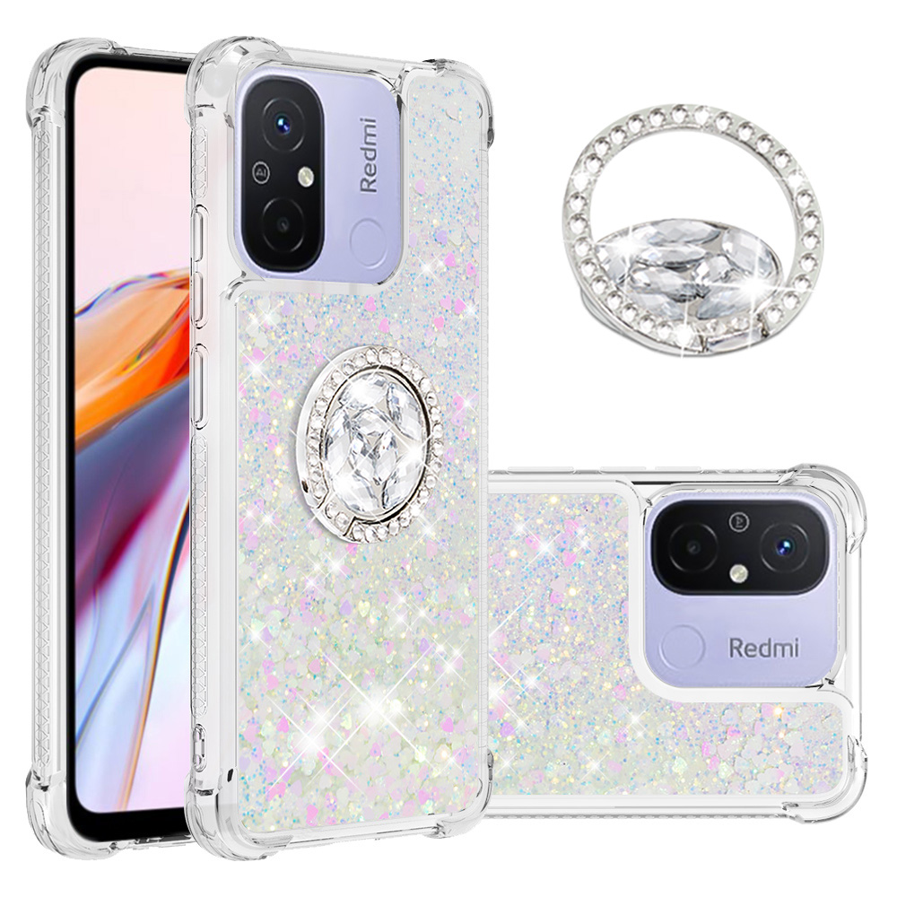 

YB Quicksand Series-7 Für Xiaomi Redmi 12c 4g / 11a 4G Glitter Hülle Ring Kickstand Liquid TPU Telefonabdeckung - Laser / Herzen, Xiaomi Redmi 12C 4G