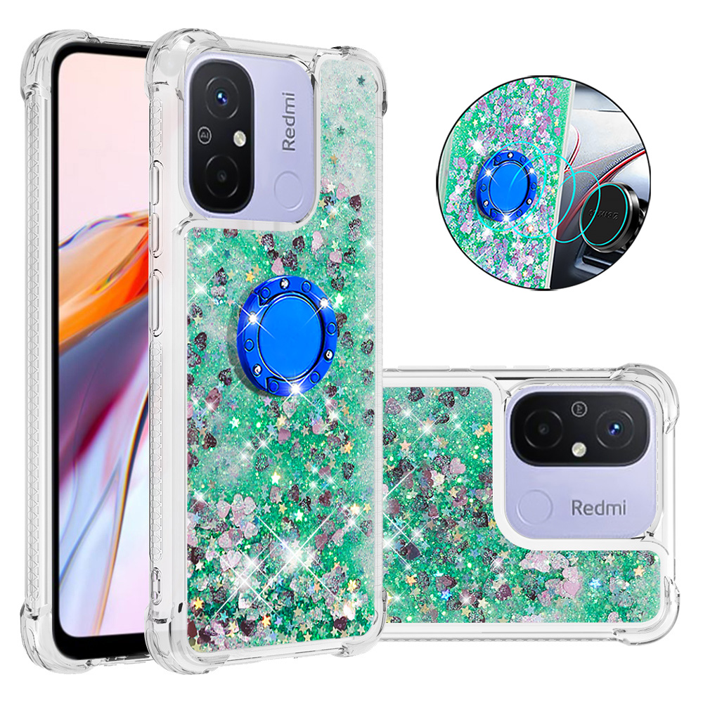 

YB Quicksand Series-7 Für Xiaomi Redmi 12c 4g / 11a 4G Glitter Hülle Ring Kickstand Liquid TPU Telefonabdeckung - Grün / Herzen, Xiaomi Redmi 12C 4G