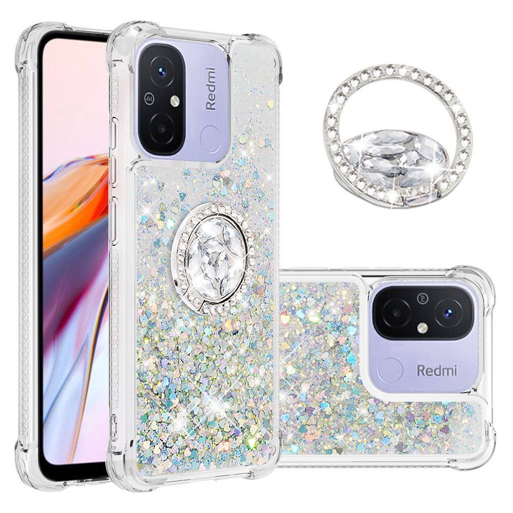 

YB Quicksand Series-7 Für Xiaomi Redmi 12c 4g / 11a 4G Glitter Hülle Ring Kickstand Liquid TPU Telefonabdeckung - Silber / Herzen, Xiaomi Redmi 12C 4G