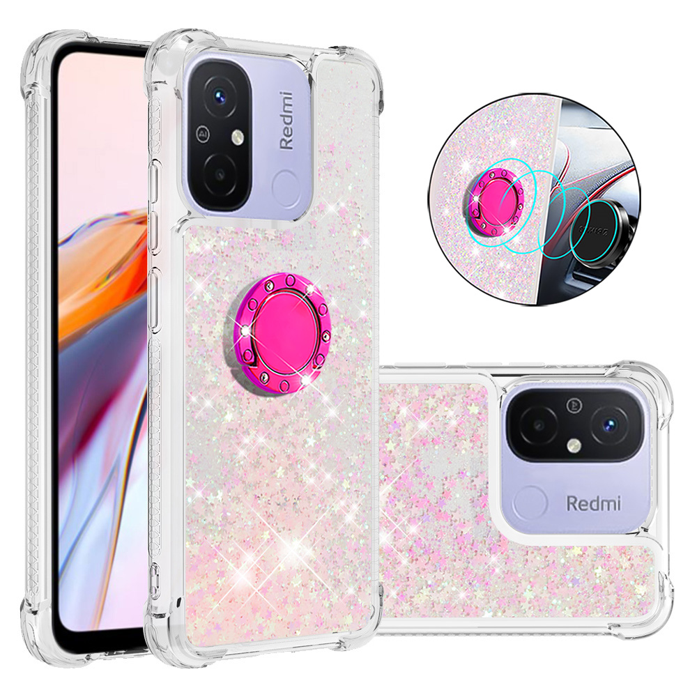 

YB Quicksand Series-7 Für Xiaomi Redmi 12c 4g / 11a 4G Glitter Hülle Ring Kickstand Liquid TPU Telefonabdeckung - Rosa / Pentagramme, Xiaomi Redmi 12C 4G