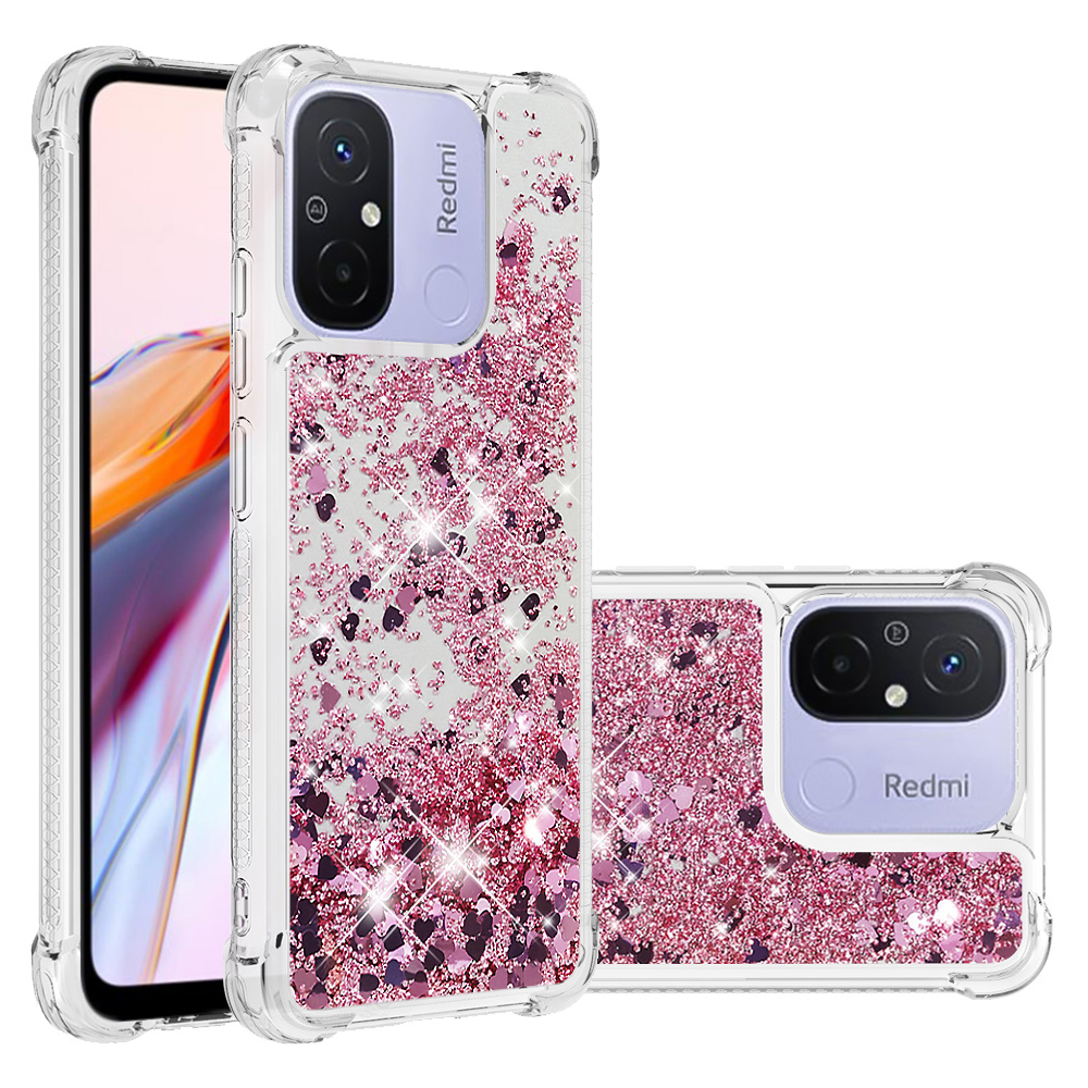 

YB Quicksand Series-1 Für Xiaomi Redmi 12c 4g / 11a 4G Sparkle Fließende Flüssigkoffer TPU Schockdelie -telefonabdeckung - Roségold / Herzen, Xiaomi Redmi 12C 4G