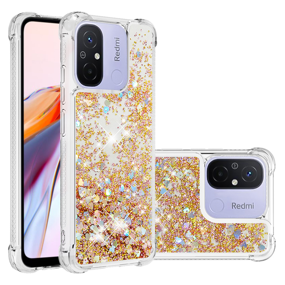 

YB Quicksand Series-1 Für Xiaomi Redmi 12c 4g / 11a 4G Sparkle Fließende Flüssigkoffer TPU Schockdelie -telefonabdeckung - Gold / Herzen, Xiaomi Redmi 12C 4G