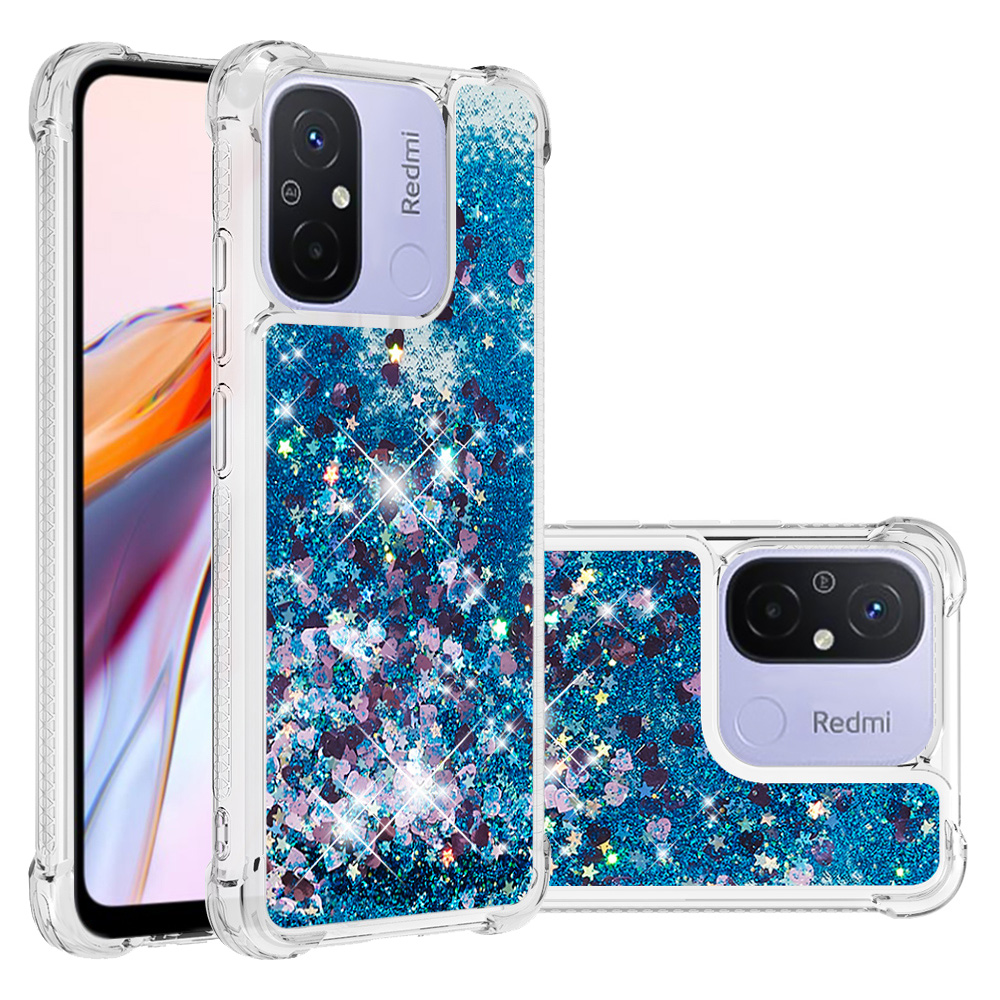 

YB Quicksand Series-1 Für Xiaomi Redmi 12c 4g / 11a 4G Sparkle Fließende Flüssigkoffer TPU Schockdelie -telefonabdeckung - Blau / Herzen, Xiaomi Redmi 12C 4G