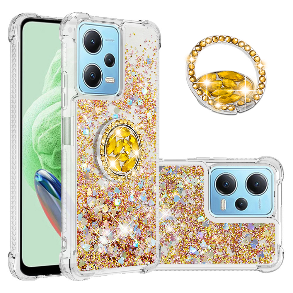 

YB Quicksand Series-7 Glitter Flüssighülle Für Xiaomi Redmi Note 12 4G TPU Phone Case Ring Kickstand Schutzschutz - Gold / Herzen, Xiaomi Redmi Note 12 4G