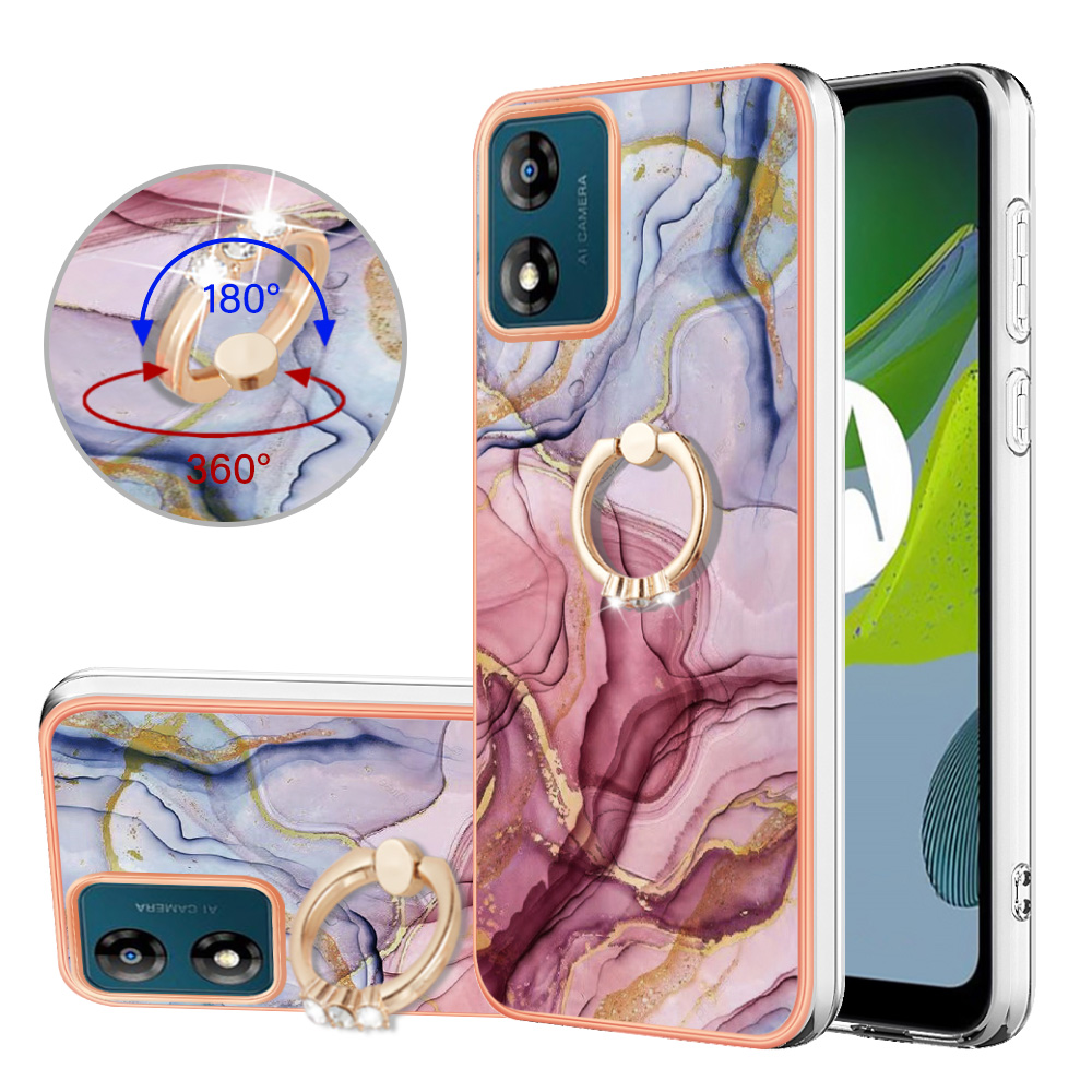 

YB IMD Series-17 Style-E Für Motorola Moto E13 4G Marmormuster Elektropliertes Rand Telefongehäuse Mit Ring Kickstand 2,0 mm TPU Imd-abdeckung - Roségold, Motorola Moto E13 4G
