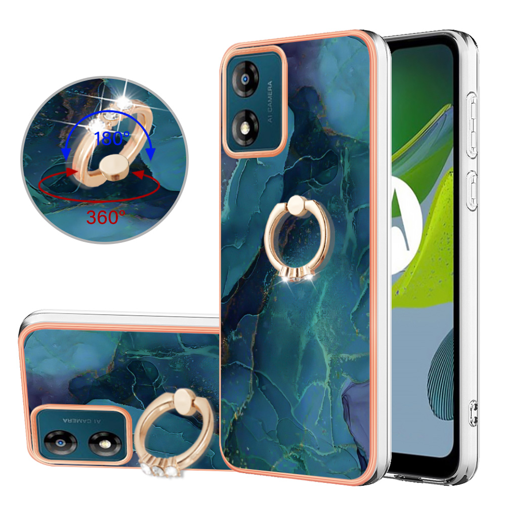 

YB IMD Series-17 Style-E Für Motorola Moto E13 4G Marmormuster Elektropliertes Rand Telefongehäuse Mit Ring Kickstand 2,0 mm TPU Imd-abdeckung - Grün, Motorola Moto E13 4G