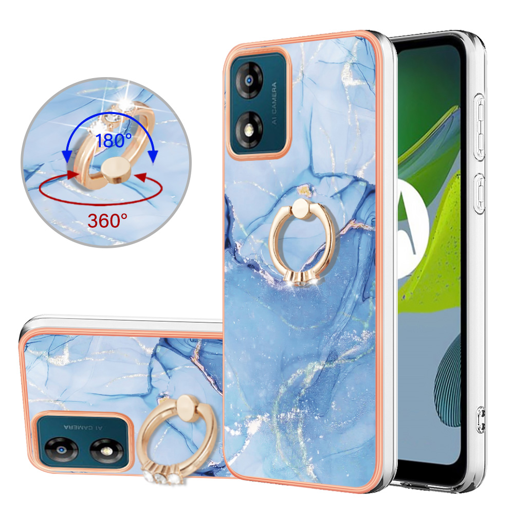 

YB IMD Series-17 Style-E Für Motorola Moto E13 4G Marmormuster Elektropliertes Rand Telefongehäuse Mit Ring Kickstand 2,0 mm TPU Imd-abdeckung - Blau, Motorola Moto E13 4G