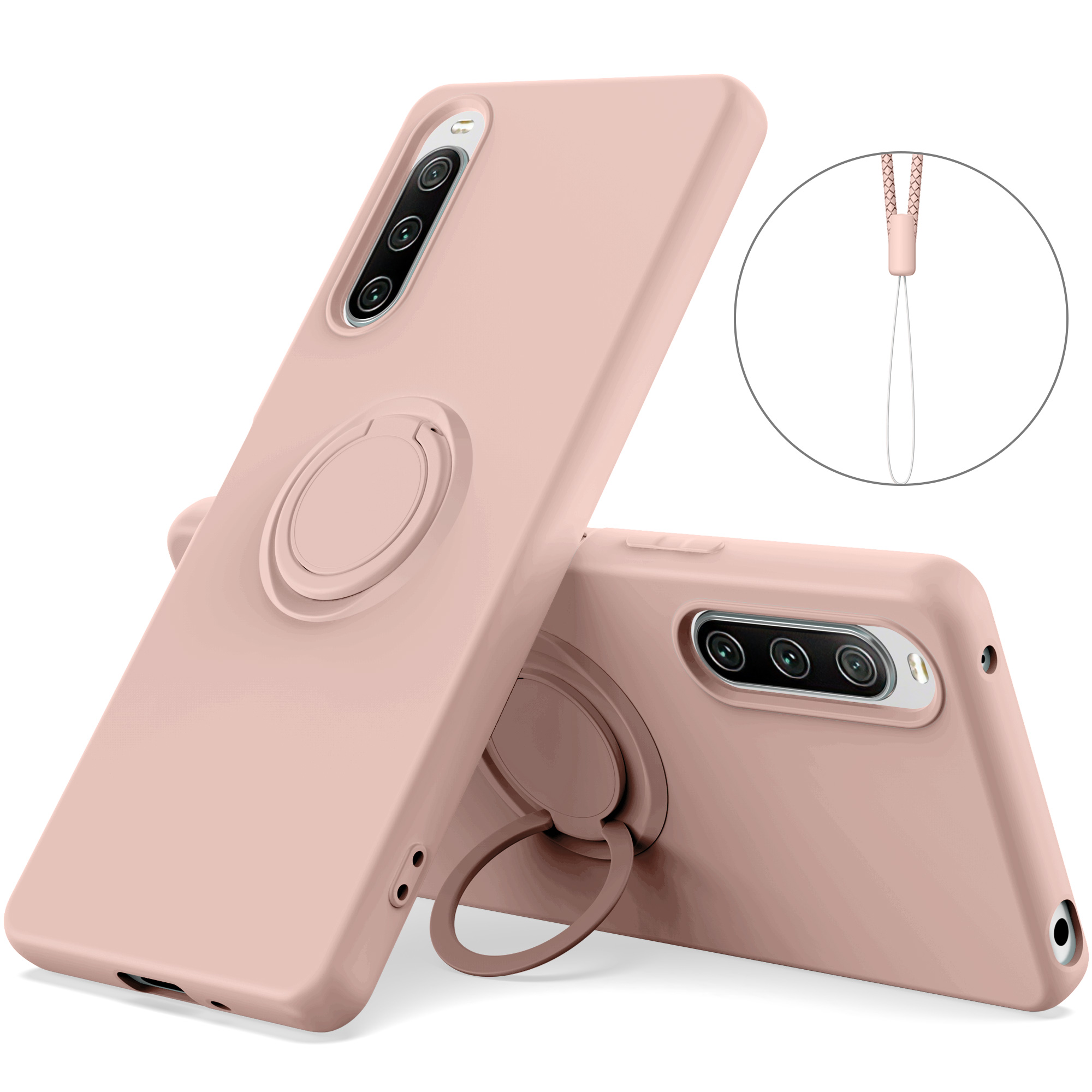 

Für Sony Xperia 10 V Flüssige Silikon -drop -schutzhülle Ring -kickstand -telefonabdeckung Mit Lanyard - Rosa, Sony Xperia 10 V