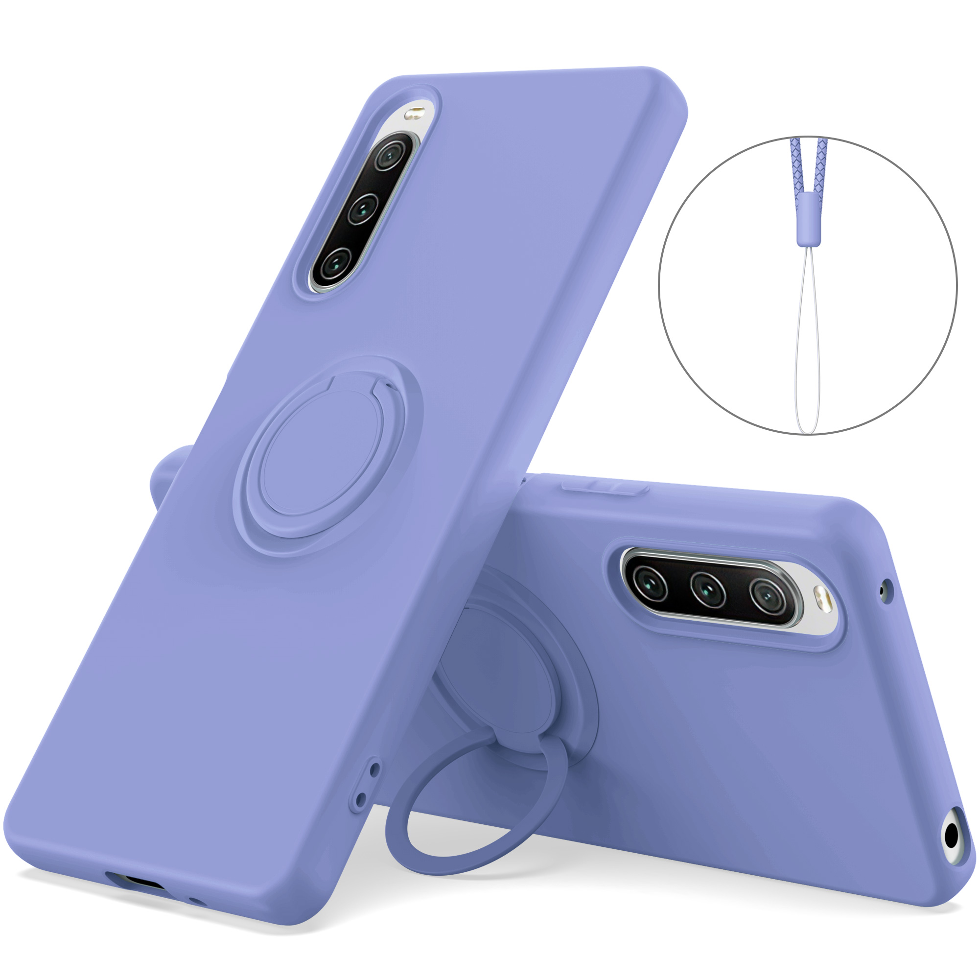 

Für Sony Xperia 10 V Flüssige Silikon -drop -schutzhülle Ring -kickstand -telefonabdeckung Mit Lanyard - Lila, Sony Xperia 10 V