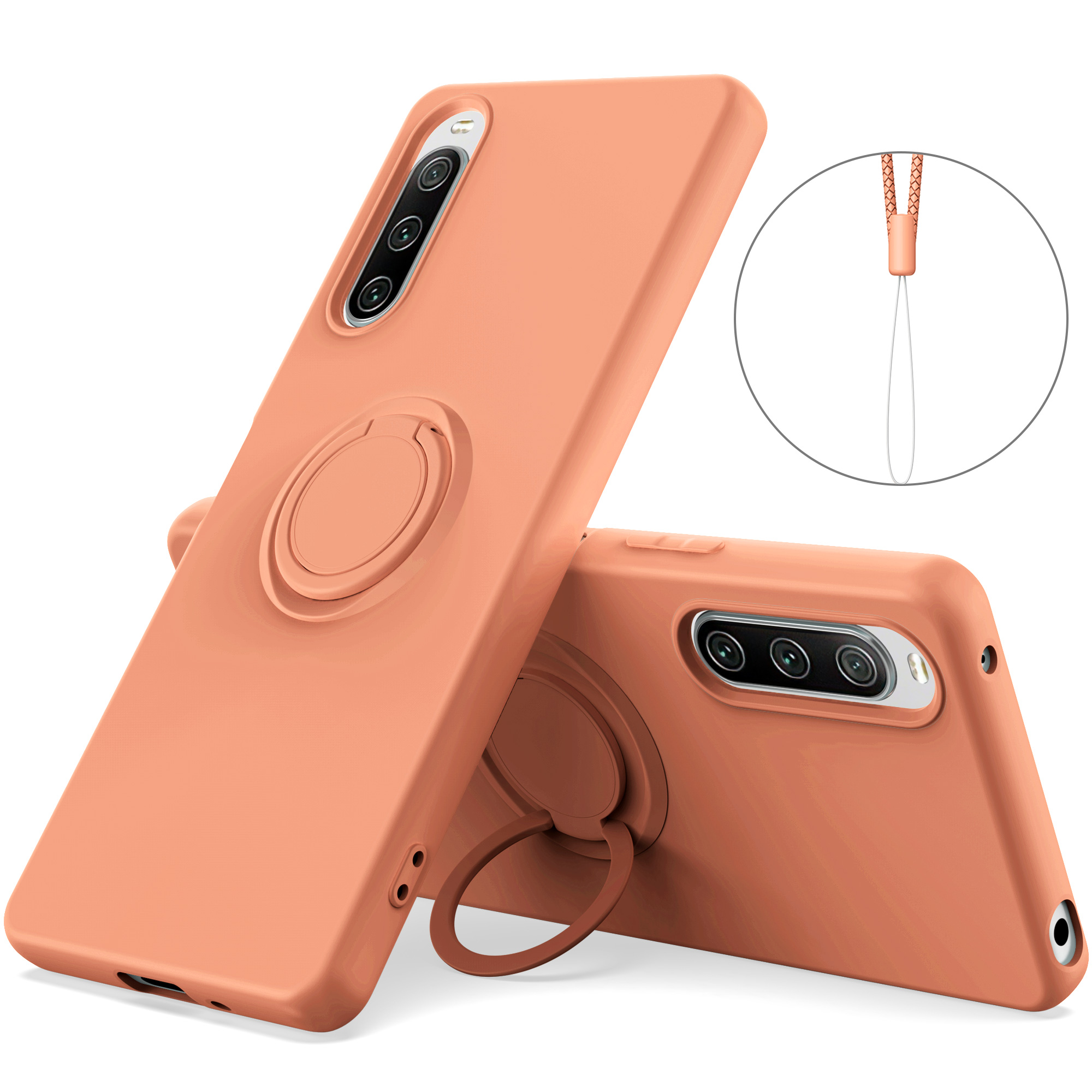 

Für Sony Xperia 10 V Flüssige Silikon -drop -schutzhülle Ring -kickstand -telefonabdeckung Mit Lanyard - Orange, Sony Xperia 10 V