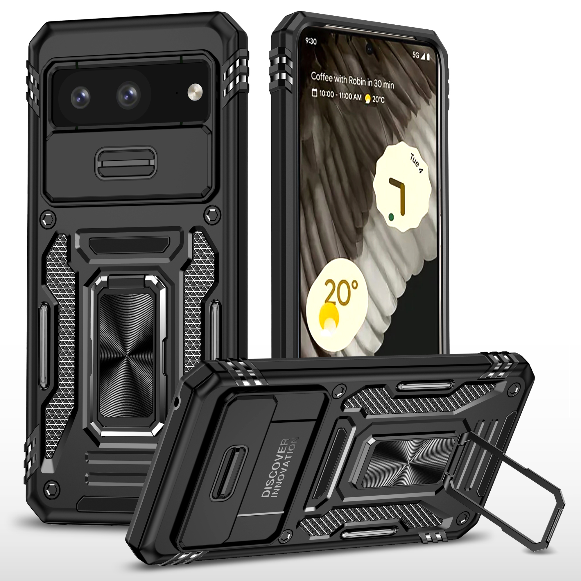 

Für Google Pixel 8 Armor Series PC + TPU Phone Case Ring Kickstand Cover Mit Folienkamerafenster - Schwarz, Google Pixel 8