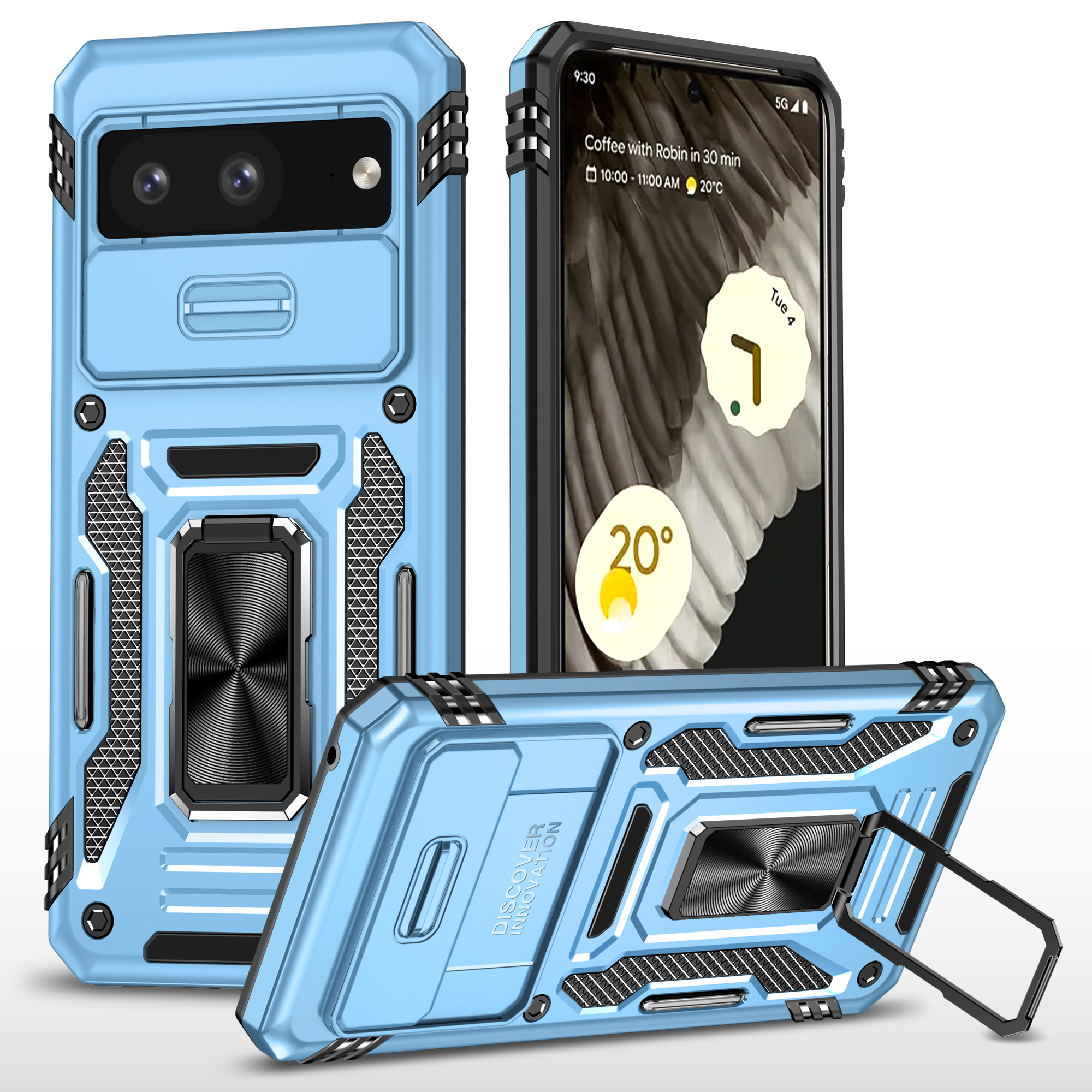 

Für Google Pixel 8 Armor Series PC + TPU Phone Case Ring Kickstand Cover Mit Folienkamerafenster - Hellblau, Google Pixel 8