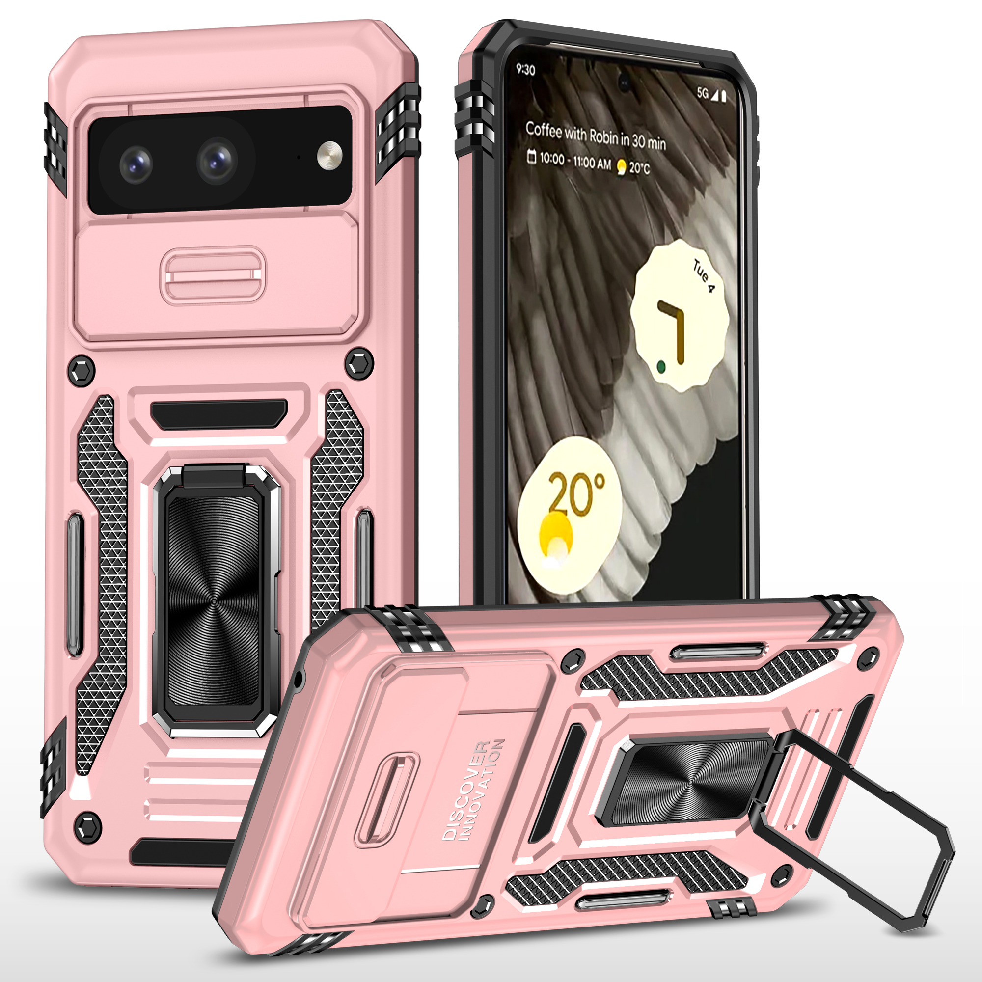 

Für Google Pixel 8 Armor Series PC + TPU Phone Case Ring Kickstand Cover Mit Folienkamerafenster - Roségold, Google Pixel 8