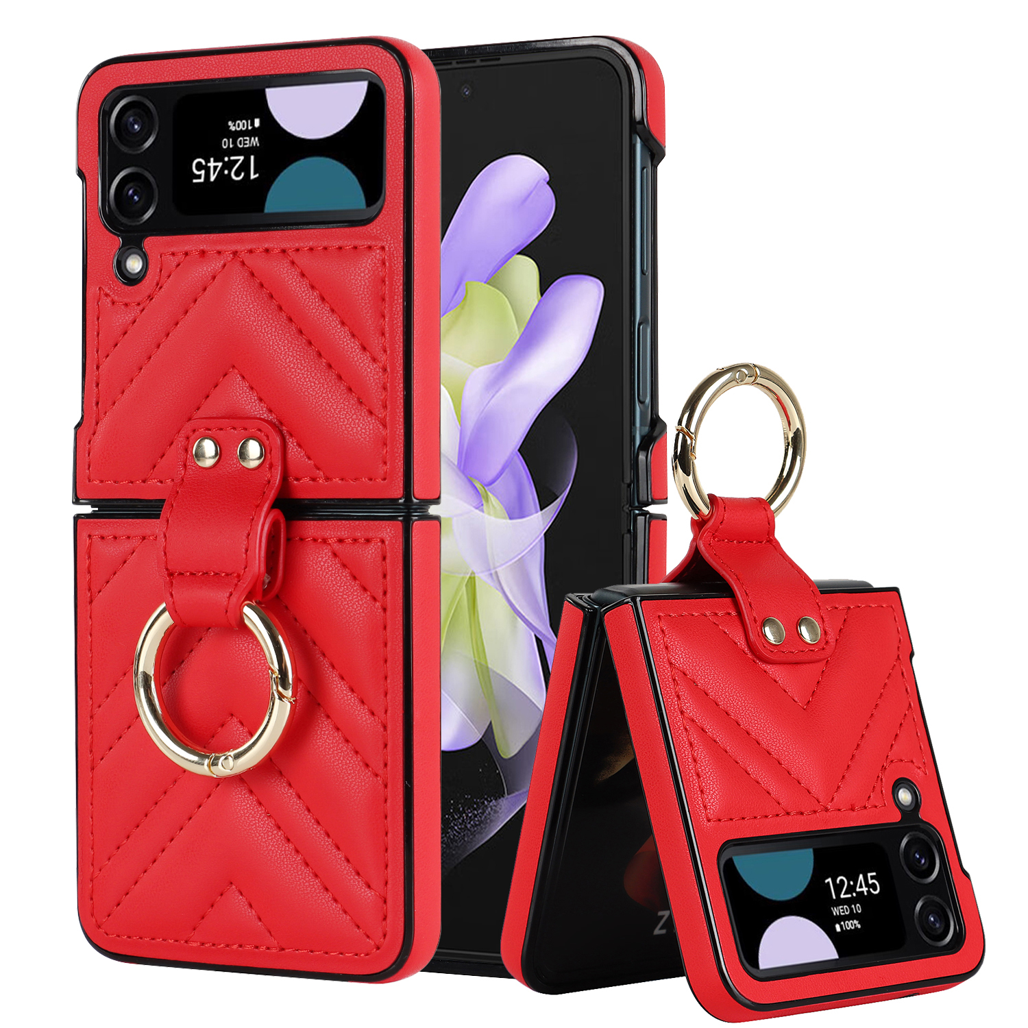 

ZD 08 V-formgenähte Telefonhülle Für Samsung Galaxy Z Flip3 5G PU Leder Hartpc-abdeckung Mit Metallschnalle - Rot, Samsung Galaxy Z Flip3 5G