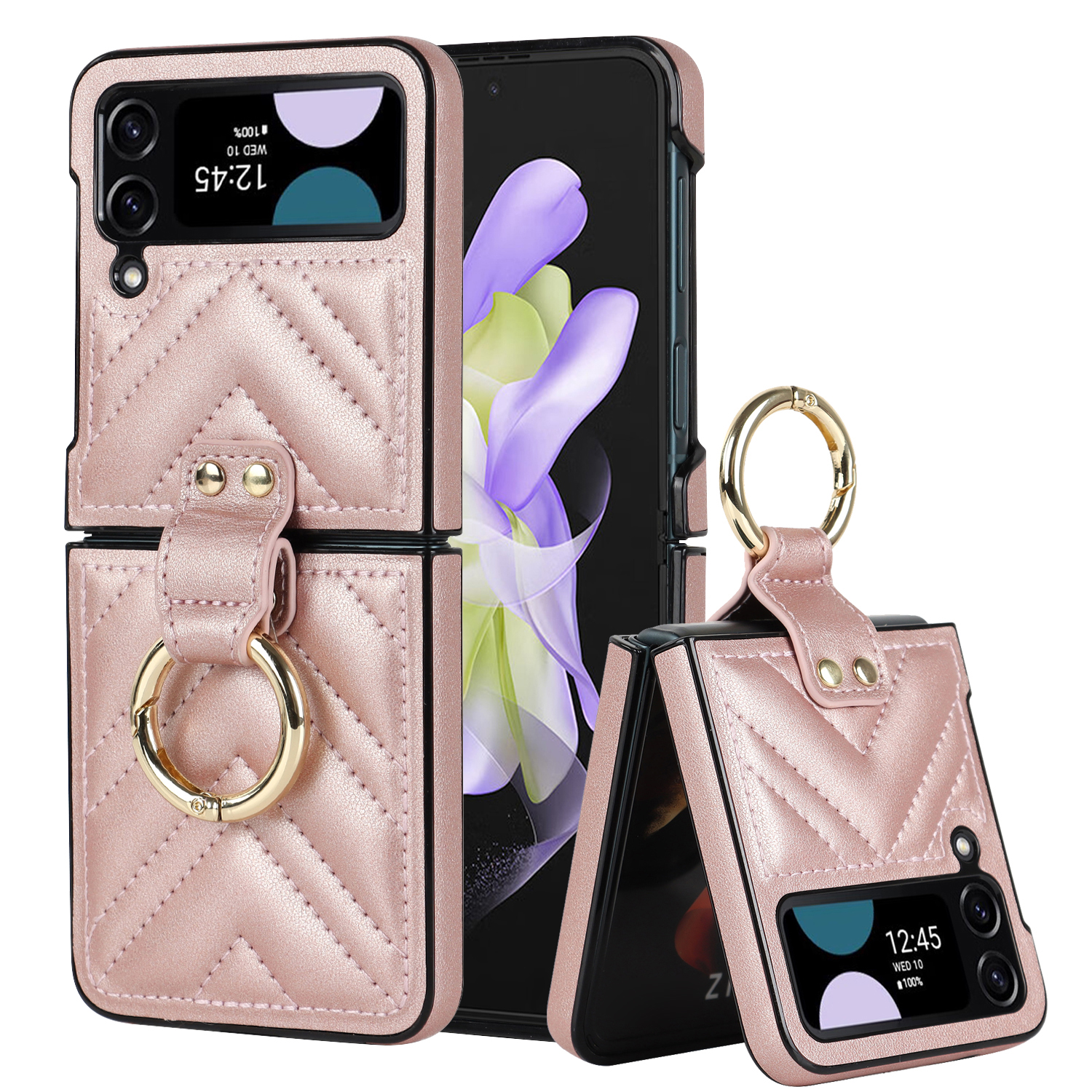 

ZD 08 V-formgenähte Telefonhülle Für Samsung Galaxy Z Flip3 5G PU Leder Hartpc-abdeckung Mit Metallschnalle - Roségold, Samsung Galaxy Z Flip3 5G