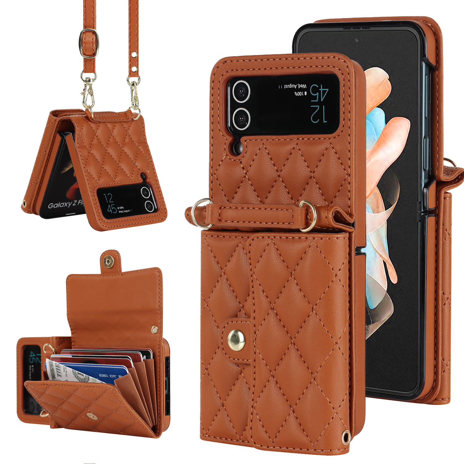 

ZD 03 Nähen Brieftaschenhülle Für Samsung Galaxy Z Flip3 5G Schockdes PU -leder Hartpc -abdeckung Mit Riemen - Braun, Samsung Galaxy Z Flip3 5G