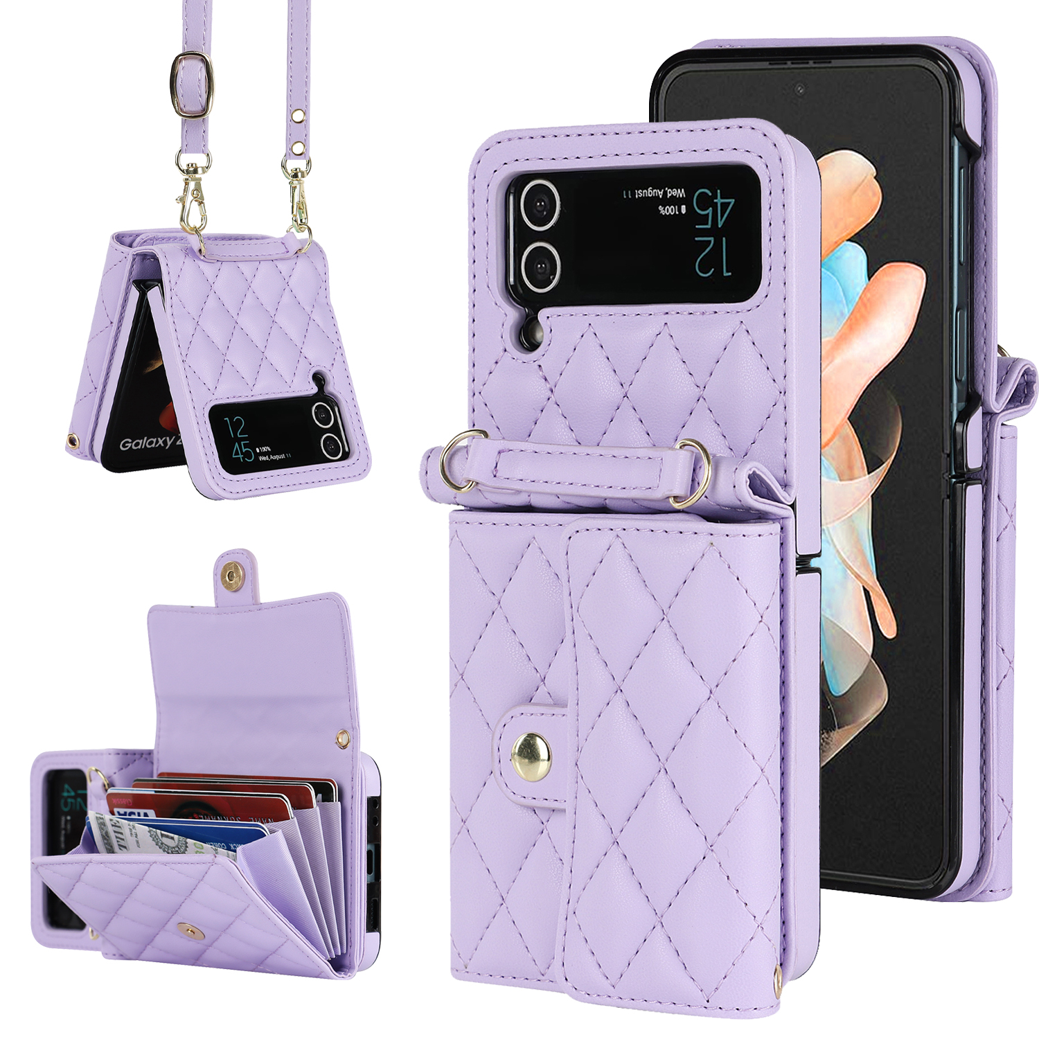 

ZD 03 Nähen Brieftaschenhülle Für Samsung Galaxy Z Flip3 5G Schockdes PU -leder Hartpc -abdeckung Mit Riemen - Lila, Samsung Galaxy Z Flip3 5G