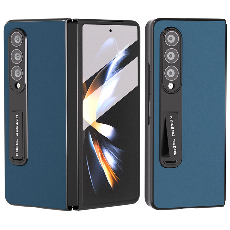

ABEEL Für Samsung Galaxy Z Fold4 5G Kickstand Stoßdichter Cowd -leder + Hartes PC -telefonhülle Mit Temperaturem Glafilm - Blau, Galaxy Z Fold4 5G