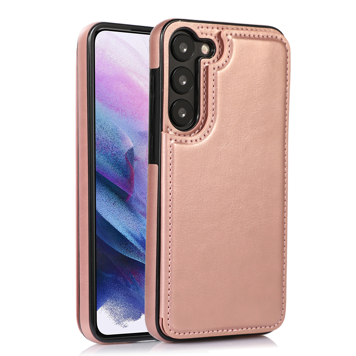 For Samsung Galaxy S23 PU Leather Coated TPU Phone Case Dual Buttons Card Holder Kickstand Cover - Rose Gold