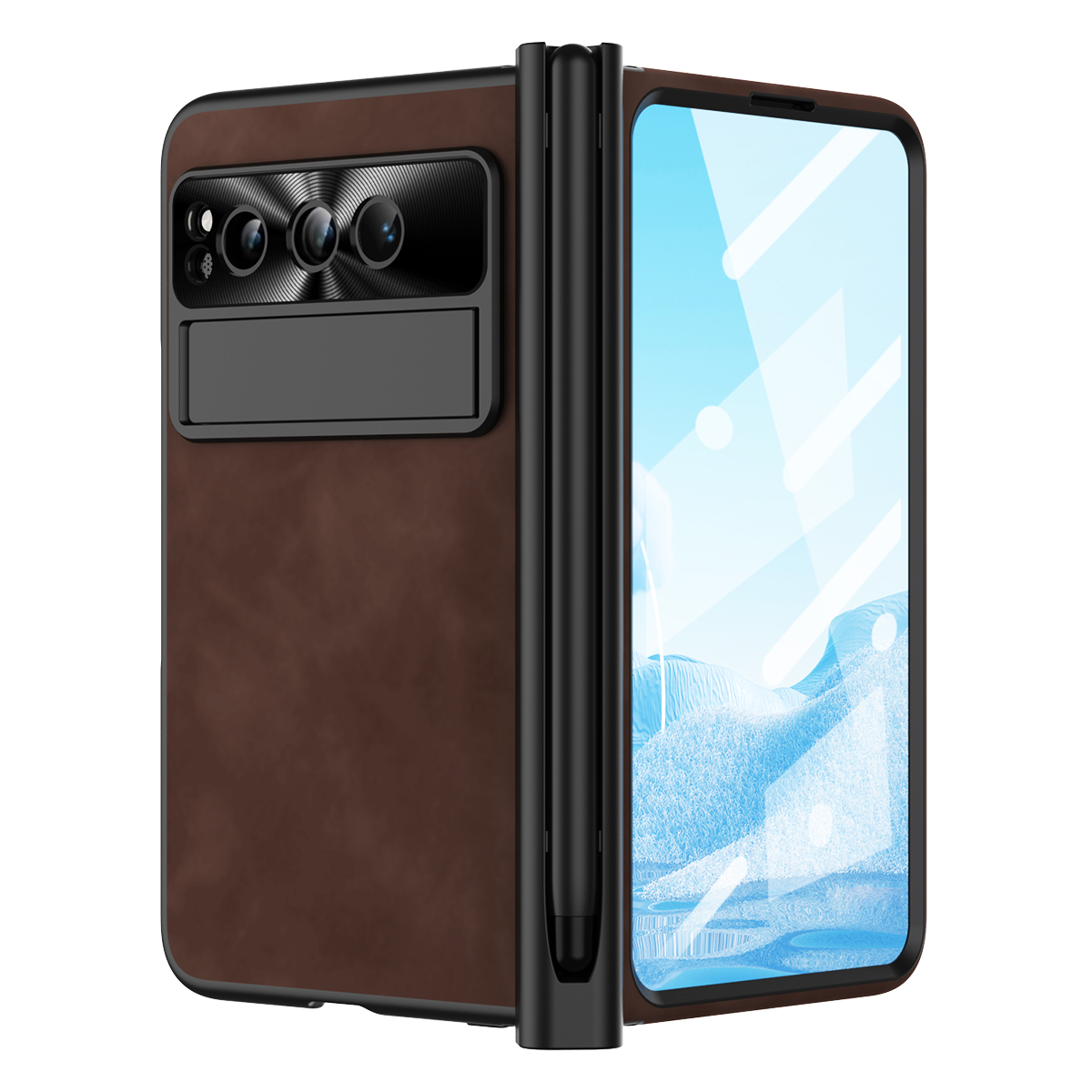 

Für Google Pixel Klickstand -telefonhülle Leder+pc -abdeckung Mit Temperamentvollem Glasfilm Und Stiftstift - Kaffee, Google Pixel Fold