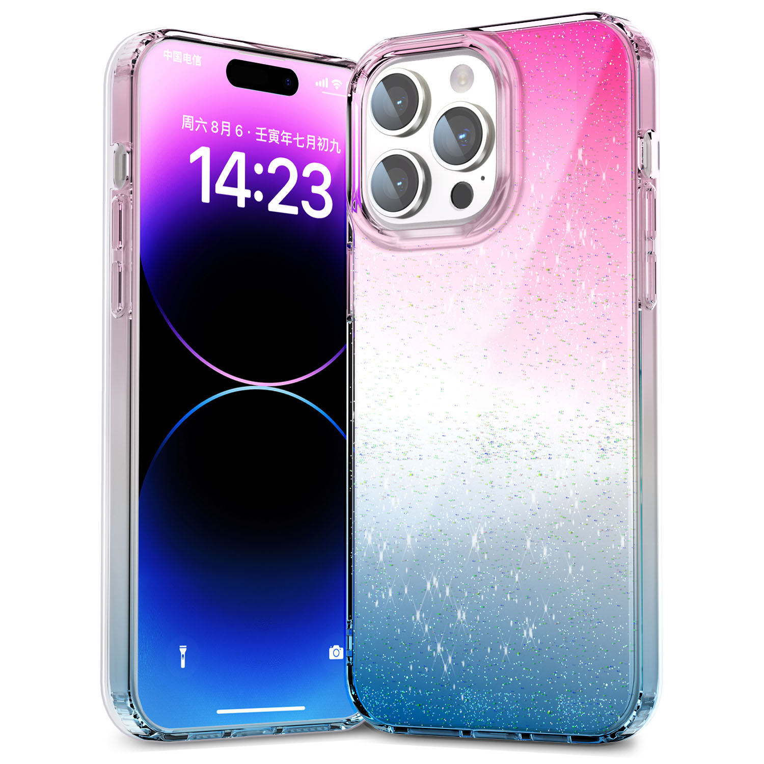 

Für Iphone 14 Pro Drop Resistant PC+TPU -hülle Glitzerpulver Clear IMD -telefonabdeckung - Pink+blau, iPhone 14 Pro
