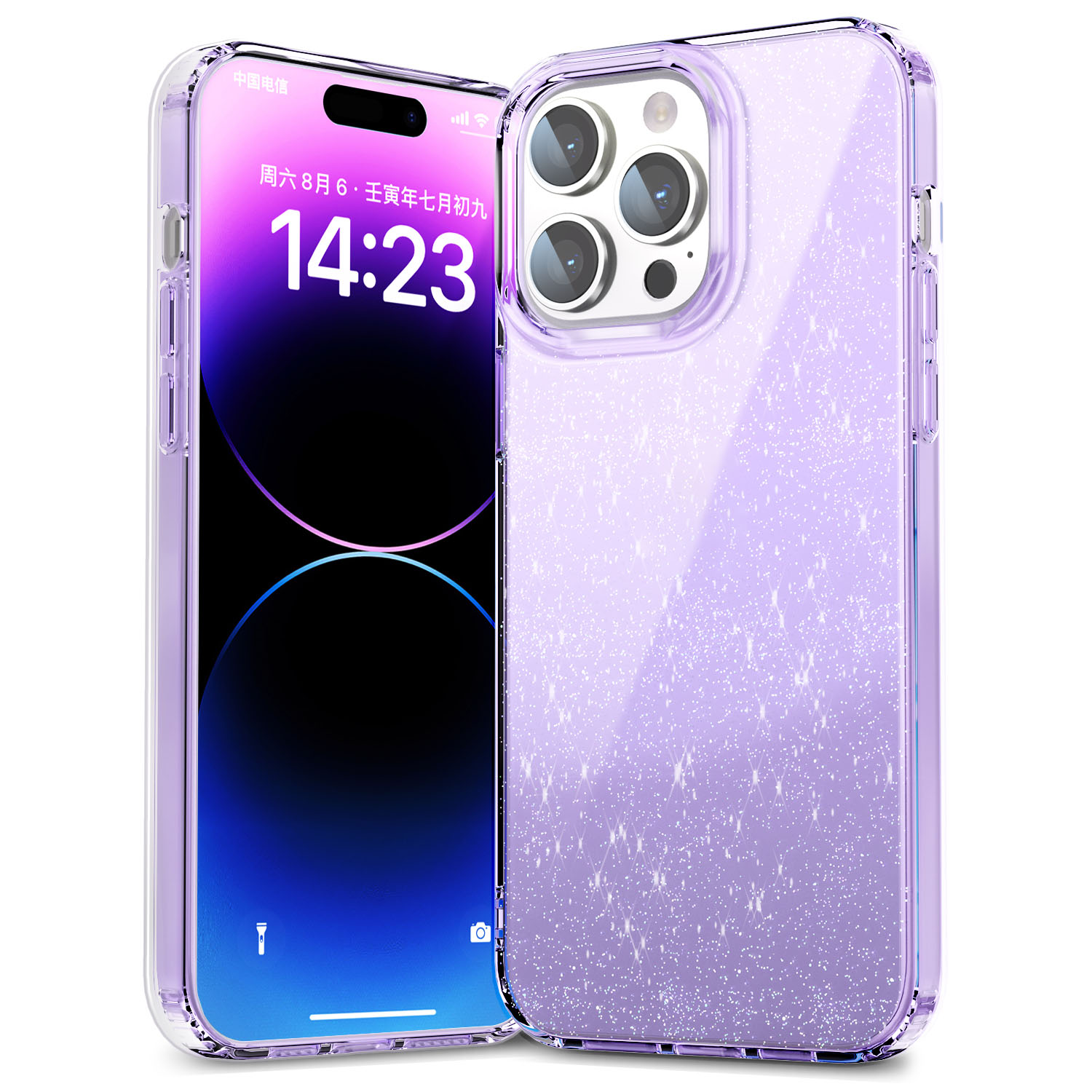 

Für Iphone 14 Pro Max PC+TPU Back Case Glitter Powder Clear IMD Mobiltelefonabdeckung - Transparent Lila, iPhone 14 Pro Max