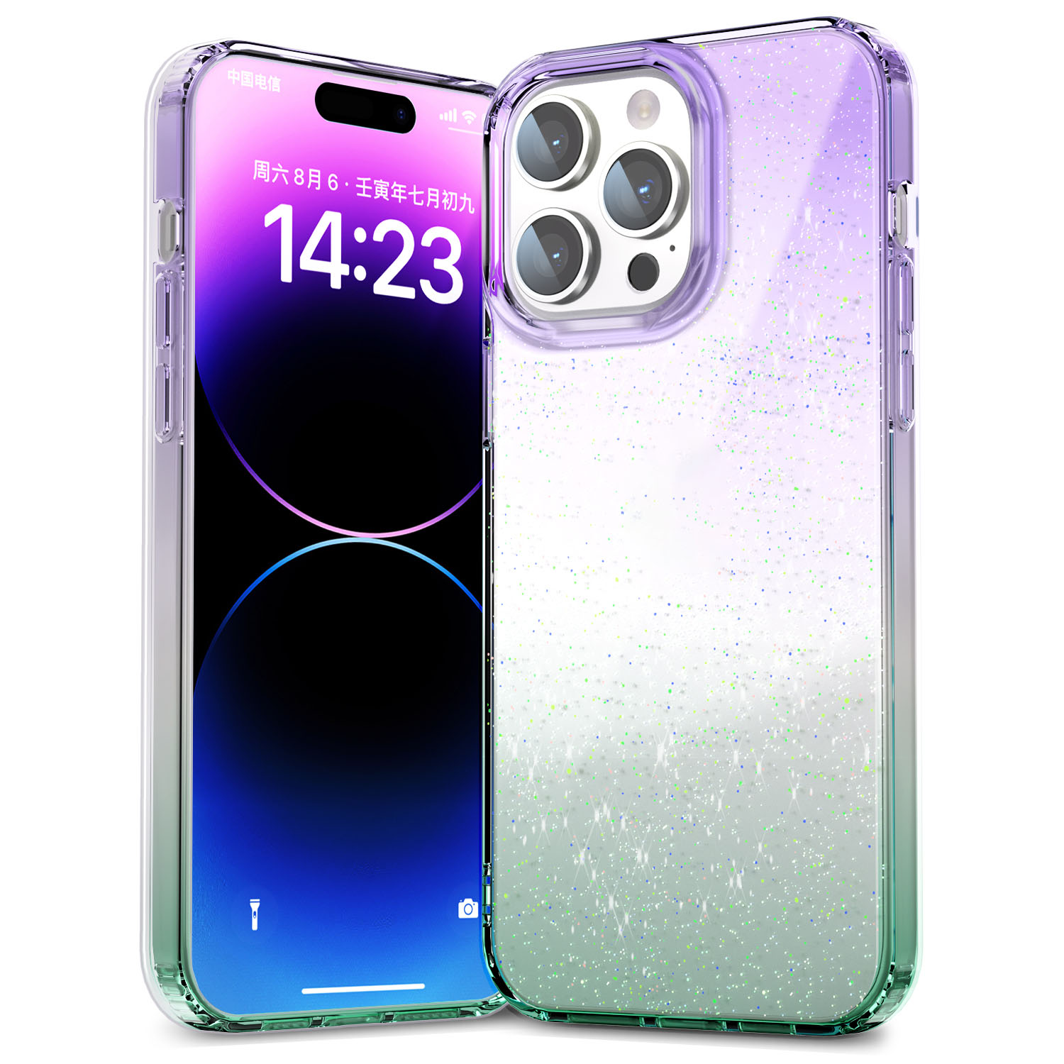 

Für Iphone 14 Pro Max PC+TPU Back Case Glitter Powder Clear IMD Mobiltelefonabdeckung - Lila+grün, iPhone 14 Pro Max