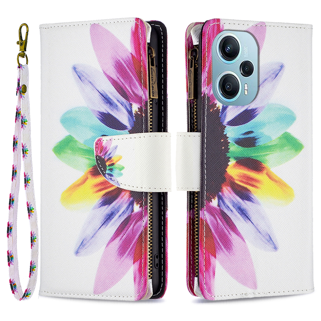 

Für Xiaomi Poco F5 5G / Redmi Note 12 Turbo BF03 Leder -brieftaschenständer Telefonhülle Reißverschluss Taschenmuster Druckabdeckung - Sonnenblume, Xiaomi Poco F5 5G