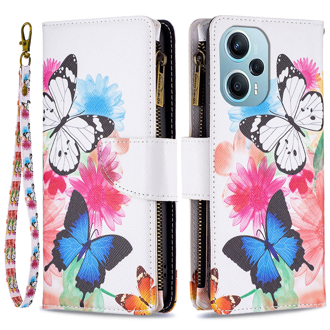 

Für Xiaomi Poco F5 5G / Redmi Note 12 Turbo BF03 Leder -brieftaschenständer Telefonhülle Reißverschluss Taschenmuster Druckabdeckung - Zwei Schmetterlinge, Xiaomi Poco F5 5G