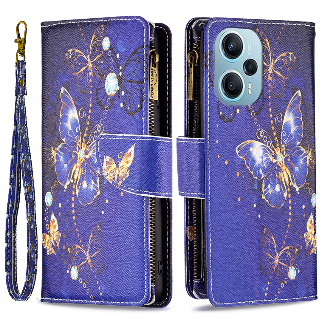 

Für Xiaomi Poco F5 5G / Redmi Note 12 Turbo BF03 Leder -brieftaschenständer Telefonhülle Reißverschluss Taschenmuster Druckabdeckung - Lila Schmetterlinge, Xiaomi Poco F5 5G
