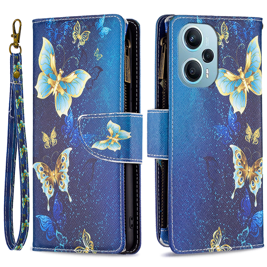 

Für Xiaomi Poco F5 5G / Redmi Note 12 Turbo BF03 Leder -brieftaschenständer Telefonhülle Reißverschluss Taschenmuster Druckabdeckung - Goldene Schmetterlinge, Xiaomi Poco F5 5G