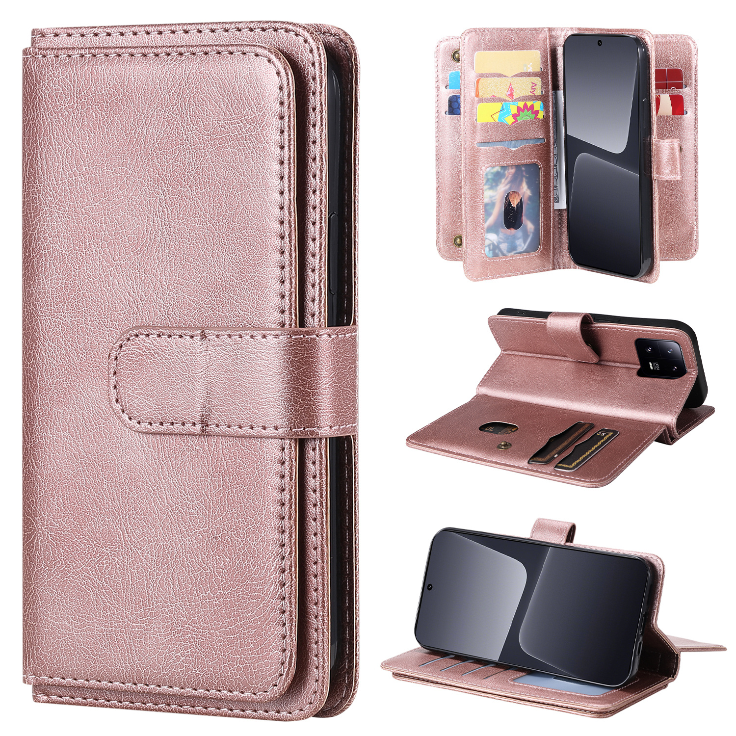 

KT Multifunktionaler Serie-1 Für Xiaomi 13 Pro 5G Leder-häuse-standhalletelefonabdeckung Mit 10 Kartensteckplätzen - Roségold, Xiaomi 13 Pro 5G