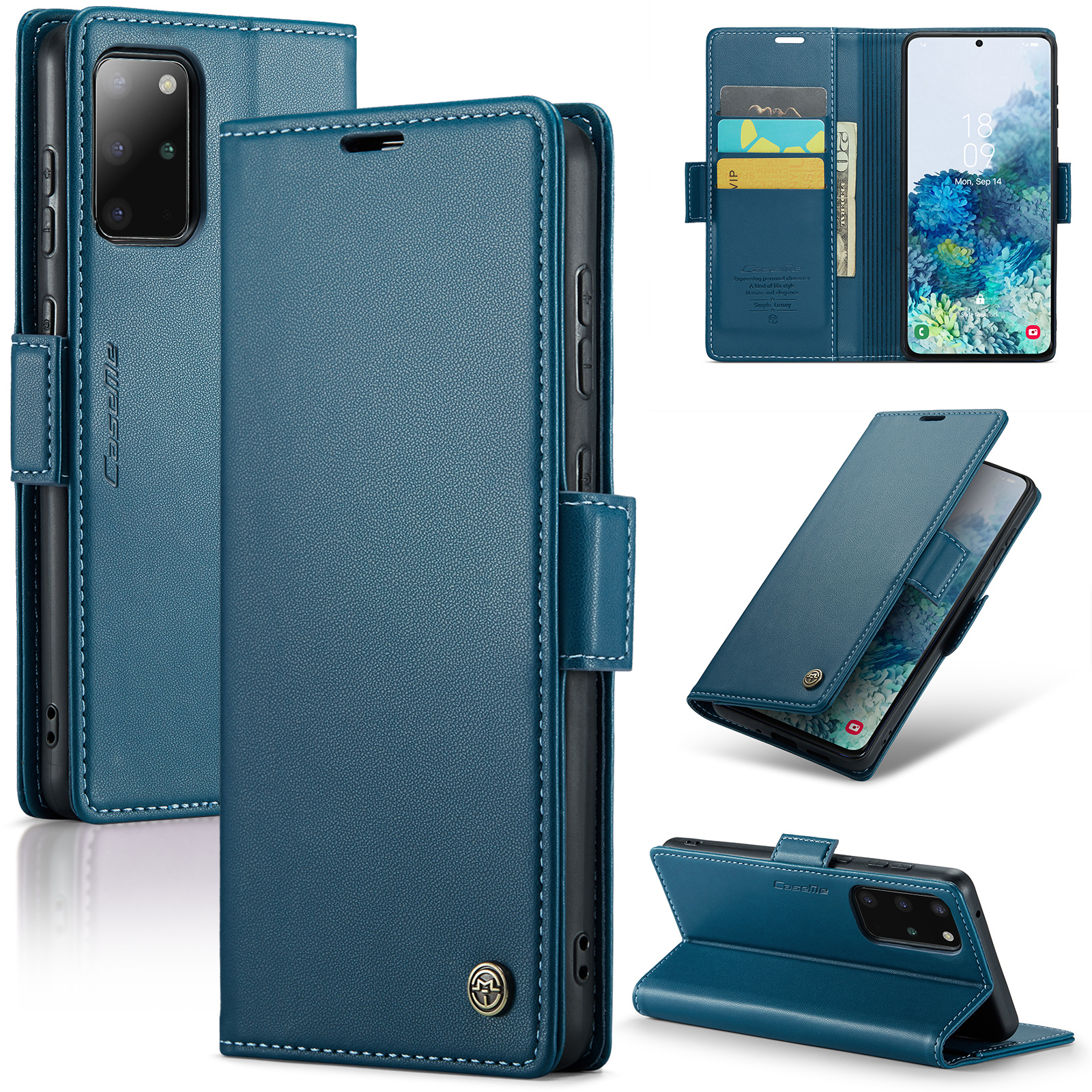 

Caseme 023 Series Phone Stand Case Für Samsung Galaxy S20 Plus 5G / 4G PU Leder RFID -blockierungsbrieftasche Abdeckung - Blau, Galaxy S20 Plus 5G