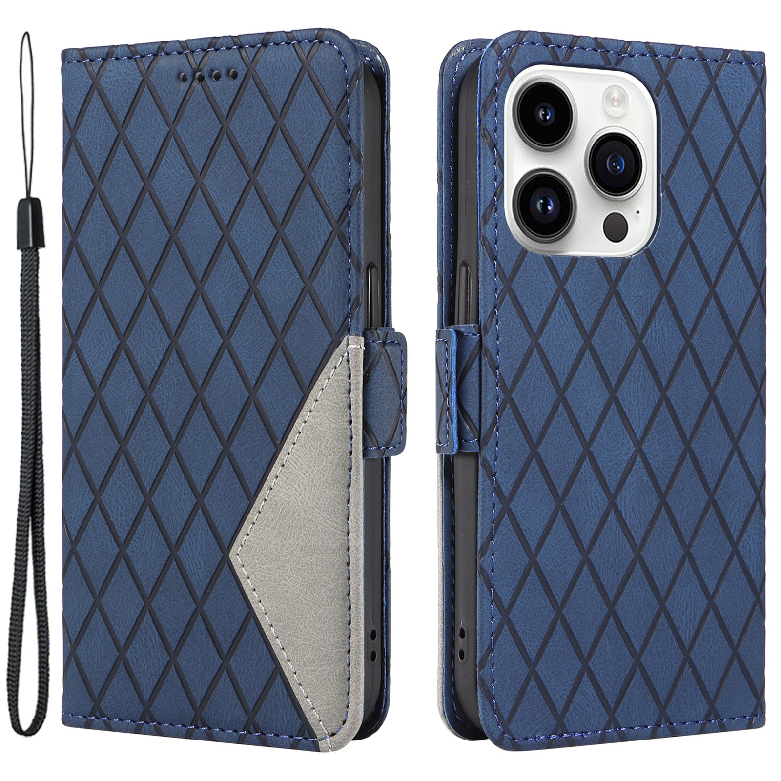 

Für Iphone 14 Pro PU Leder Telefon Hülle Rhombus Eingeprägte Farbspleiß -brieftaschen -ständer Cover - Blau, iPhone 14 Pro