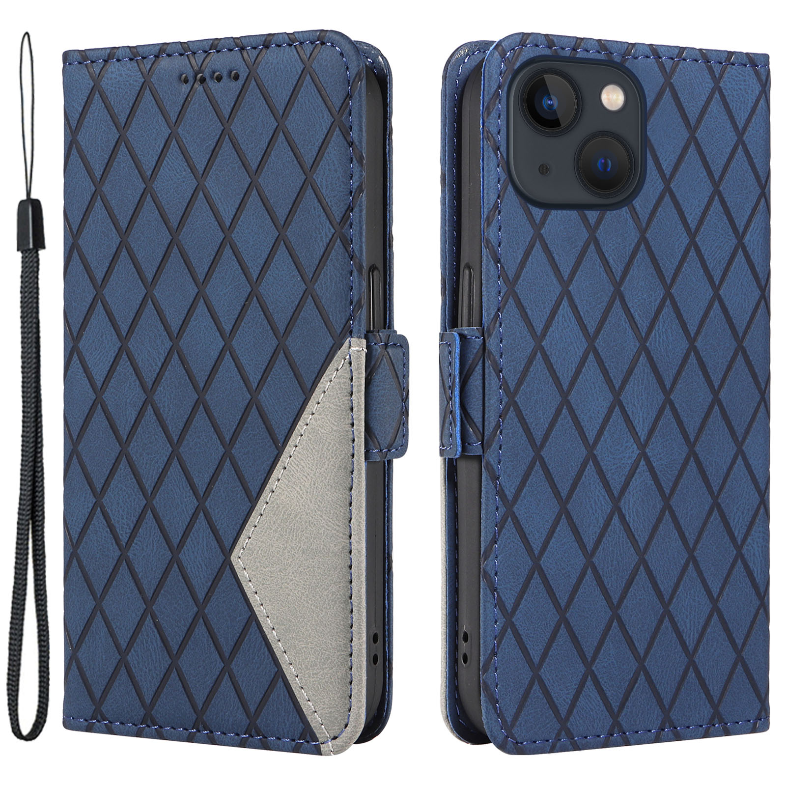 

Standabdeckung Für Iphone 13 6,1 Zoll Farbspleißen Rhombus Eingeprägtes Telefon Leder Brieftasche Hülle - Blau, iPhone 13
